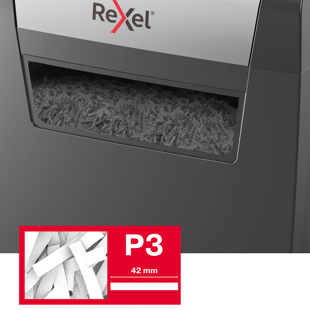 Rexel Aktenvernichter Momentum X308, Partikelschnitt, 9-8 Blatt A4 (70-80 g/m²) Kapazität, Sicherheitsstufe P3, 15L Abfallbehälter, Schredder, schwarz, 2104570EU