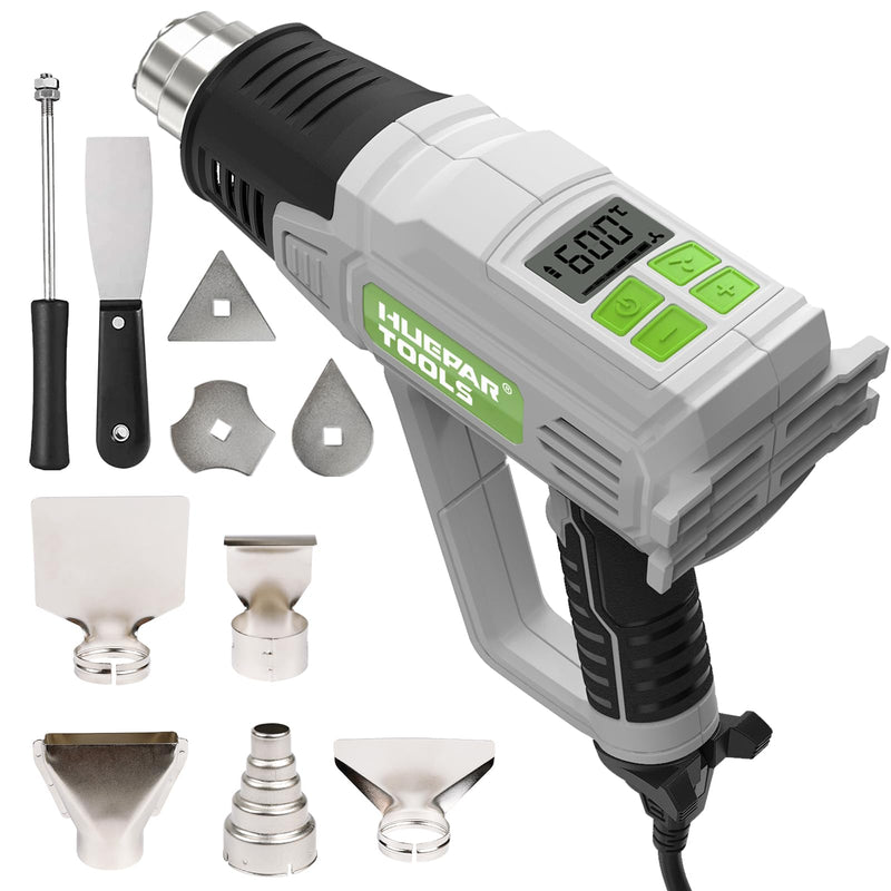 Huepar Tools 2300W Heißluftfön mit Groß LCD-Digitalanzeige, Heißluftpistole 50℃-660℃ Temperatur und Luftstrom einstellbar, mit 10 Zubehör, Keramik-Heizkern Heissluftföhn, Kühlfunktion, Überlastschutz