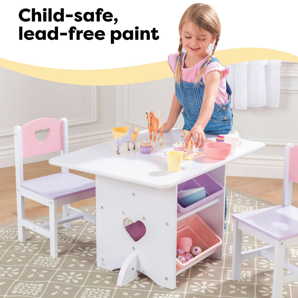 KidKraft Herz Kindertisch mit Stauraum und 2 Stühlen aus Holz - Kindersitzgruppe mit Aufbewahrungsbox, Kinder Tisch Stuhl Set, Kinderzimmer Möbel, 26913
