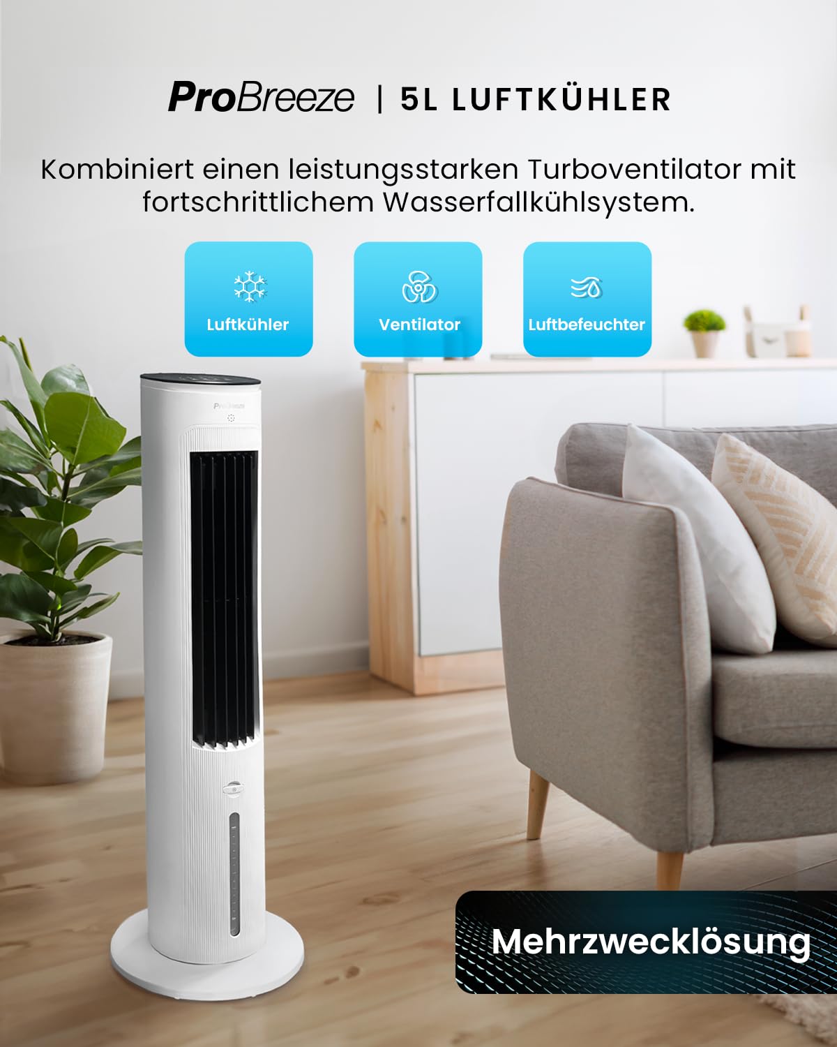 Pro Breeze OmniAir 5L Mobiler Luftkühler - Turmventilator mit Fernbedienung, 3 Gebläsestufen, 4 Modi, Auto 75° Oszillation, 7-Stunden-Timer - Klimagerät mobil ohne Abluftschlauch für Zuhause & Büro
