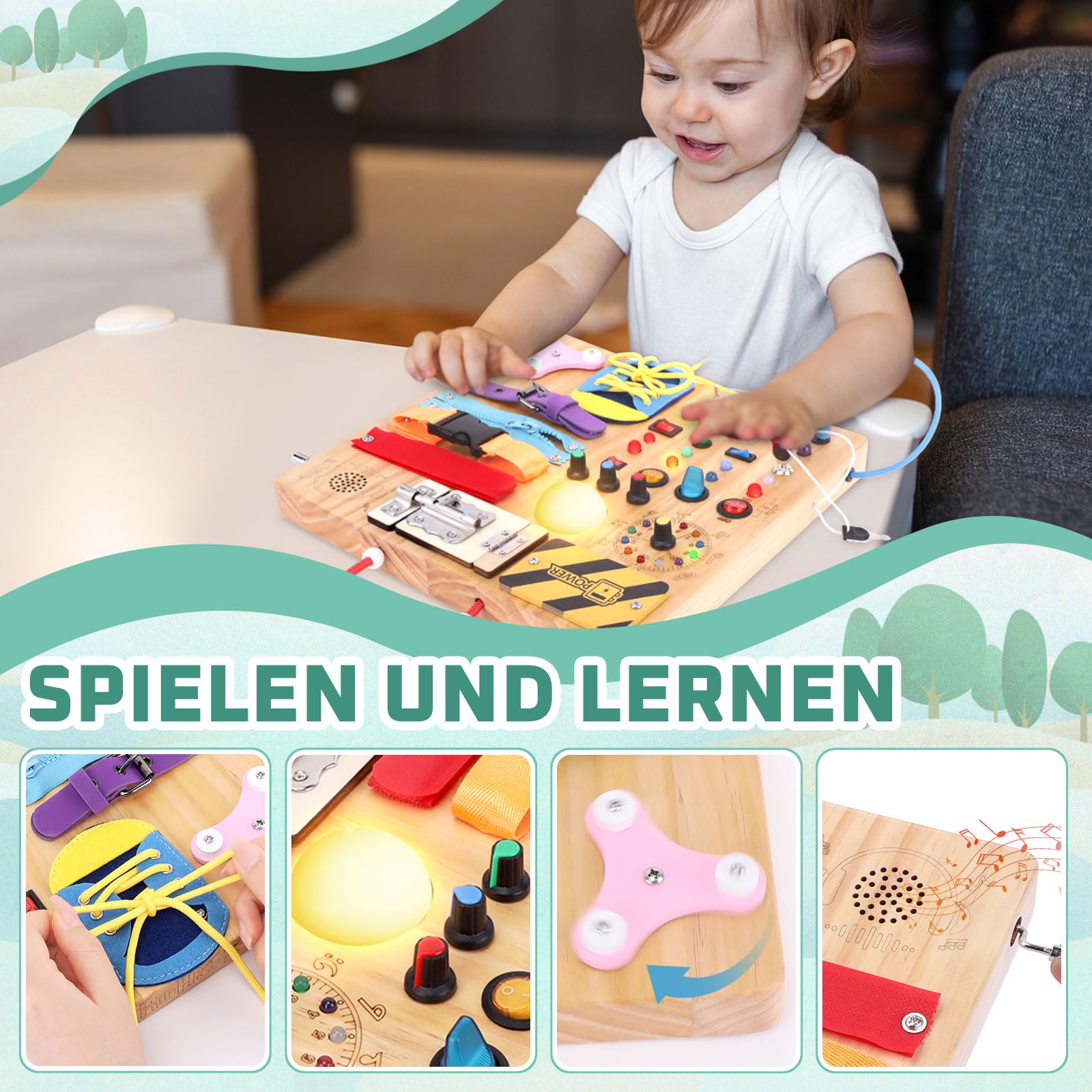 23 in 1 Busy Board Montessori Spielzeug ab 1 jahr Activity Board Holzspielzeug Mit 15 Schaltern, 26 LED Lichtern, Spieluhr, Schloss, Schnürsenkeln, Reißverschluss für 1 2 3 Jahre Jungen und Mädchen