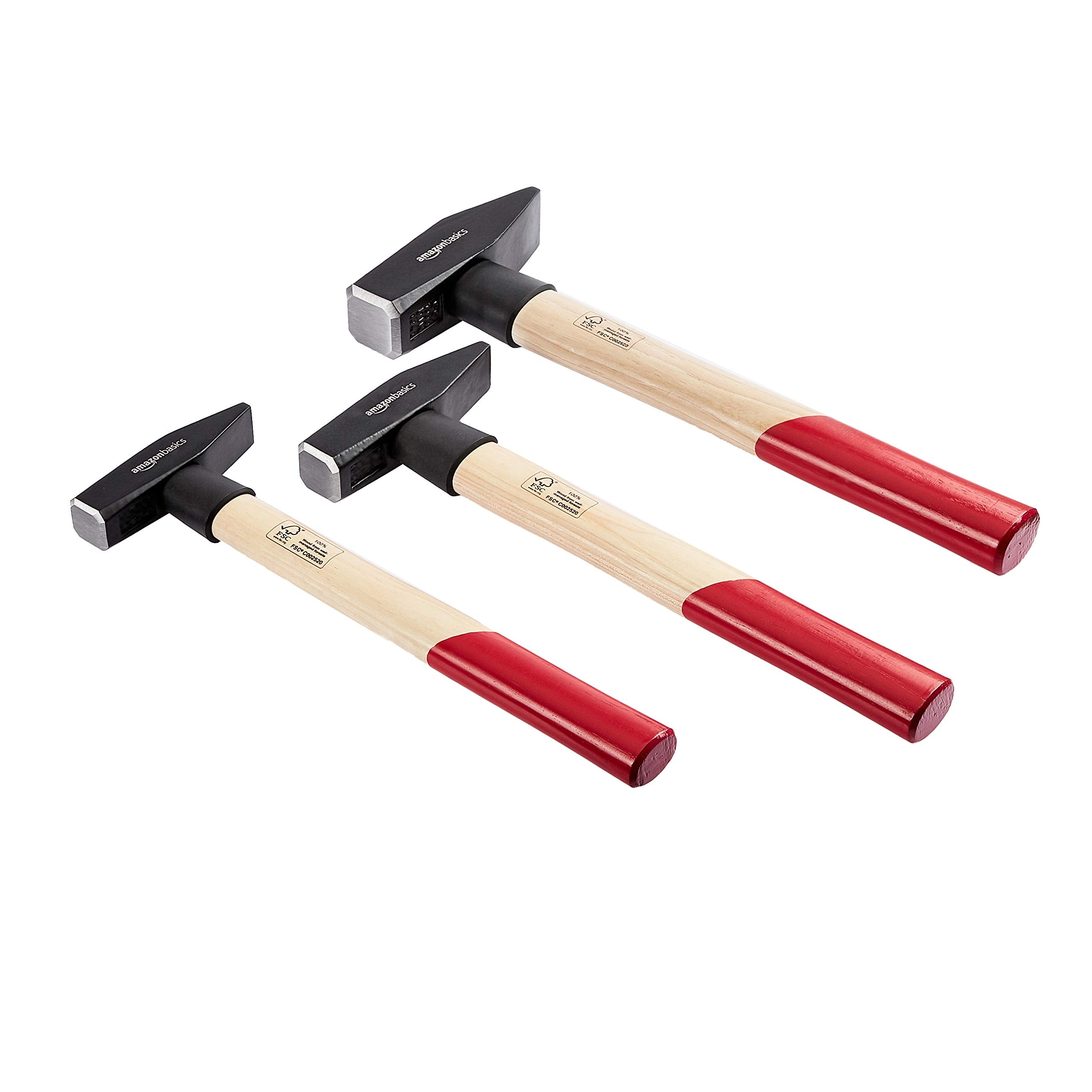 Amazon Basics Schlosserhammer-Set, Stiel aus Hickoryholz, 3 Teile, 300 g, 500 g, 1000 g, Schwarz