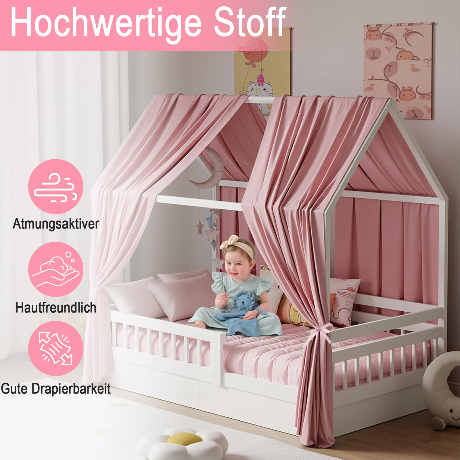Zdada Hausbett Himmel, Betthimmel Hausbett Musselin mit 2 Stück Betthimmel, Stoffhimmel für Hausbetten Mädchen Jungen Baldachin Kinderbett Kinderzimmer Deko -67 x 270 cm Rosa