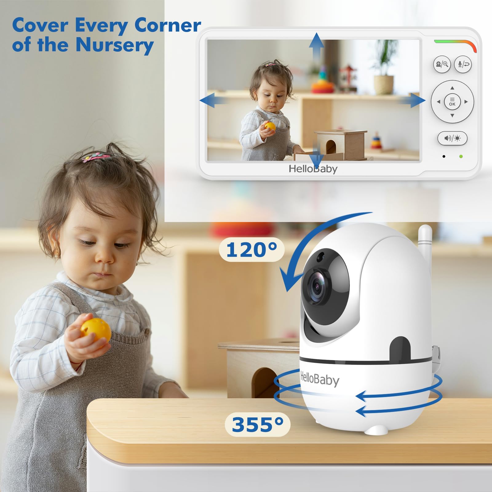 HelloBaby 6 Zoll Baby Monitor mit Kamera & Teilbild-Funktion, 4000mAh Akkulaufzeit, 355°/120° Schwenk & Neige, Nachtsicht, Kein WLAN, Temperaturalarm & Schlaflieder, ECO, Kein WLAN