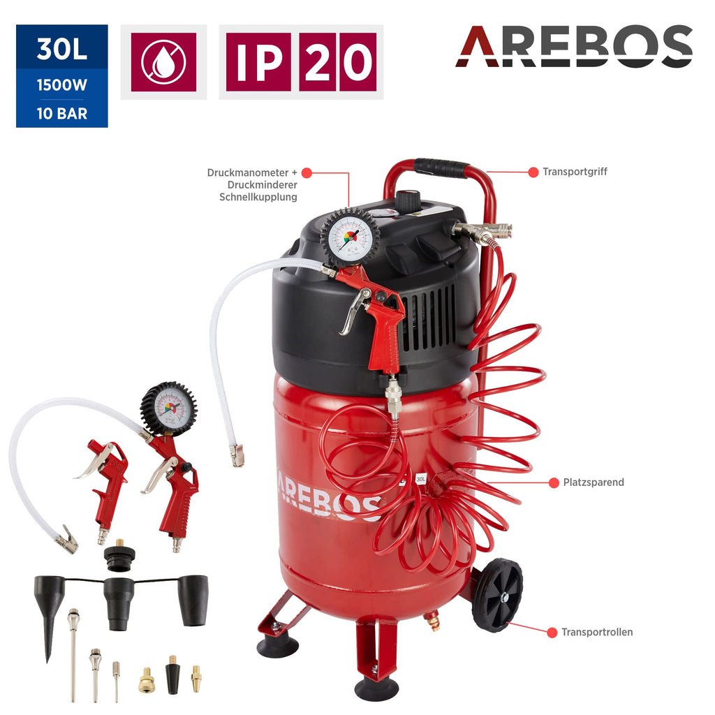Arebos 30L Druckluftkompressor Kompressor stehend 1500 W | inkl. 13-tlg. Druckluft-Werkzeug-Set | Wartungsarm | Abschaltautomatik | Extra langer Luftschlauch | ölfrei | Luftkompressor 10 bar