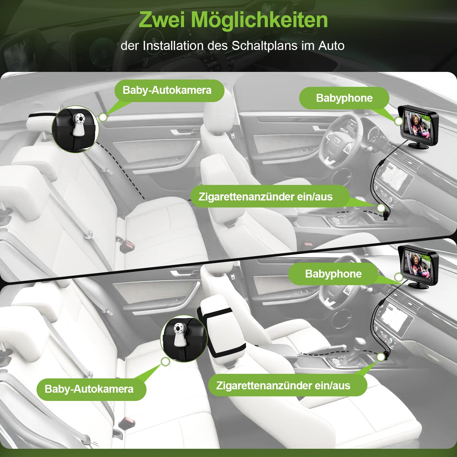 FNITAER Baby Kamera Auto mit 4.3" Display, Spiegel auto baby rückbank 1080P,Babyautospiege mit HD Nachtsicht und 120°-Betrachtungswinkel,Auto-Babyphone einfache Installation Cigarette Lighter,Schwarz