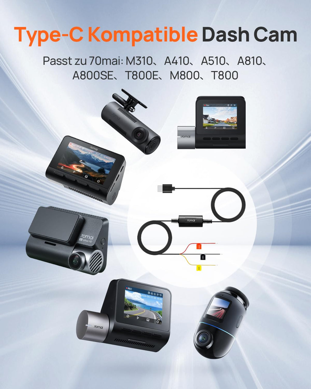 70mai Hardwire Kit UP03, Typ-C-Hardwire-Kit mit Niederspannungsschutz, 24-Stunden-Parküberwachung für 70mai Dash Cam M310/A410/A510/A810/A800SE/4K Omni/T800E/T800, 3 m, 12 V–30 V auf 5 V/2,4 A