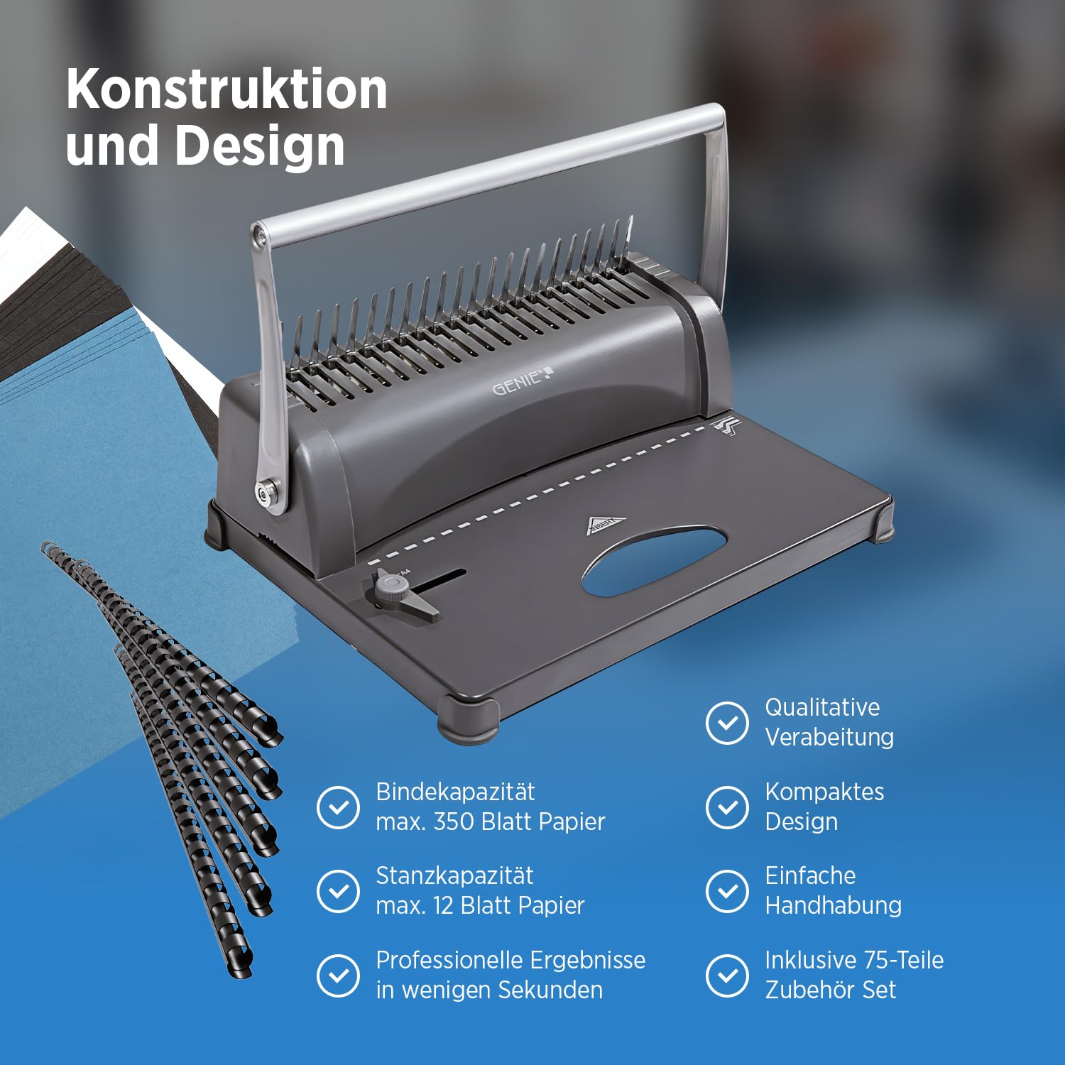 Genie CB 850 Stanz- & Spiralbindegerät | Bindemaschine bis DIN A4 | inkl. 75-teiligem Zubehör-Set | Ringbindung & Spiralbindung Set | Plastikbinderücken | Stanzmaschine mit 4-fach Locher | 350 Blatt