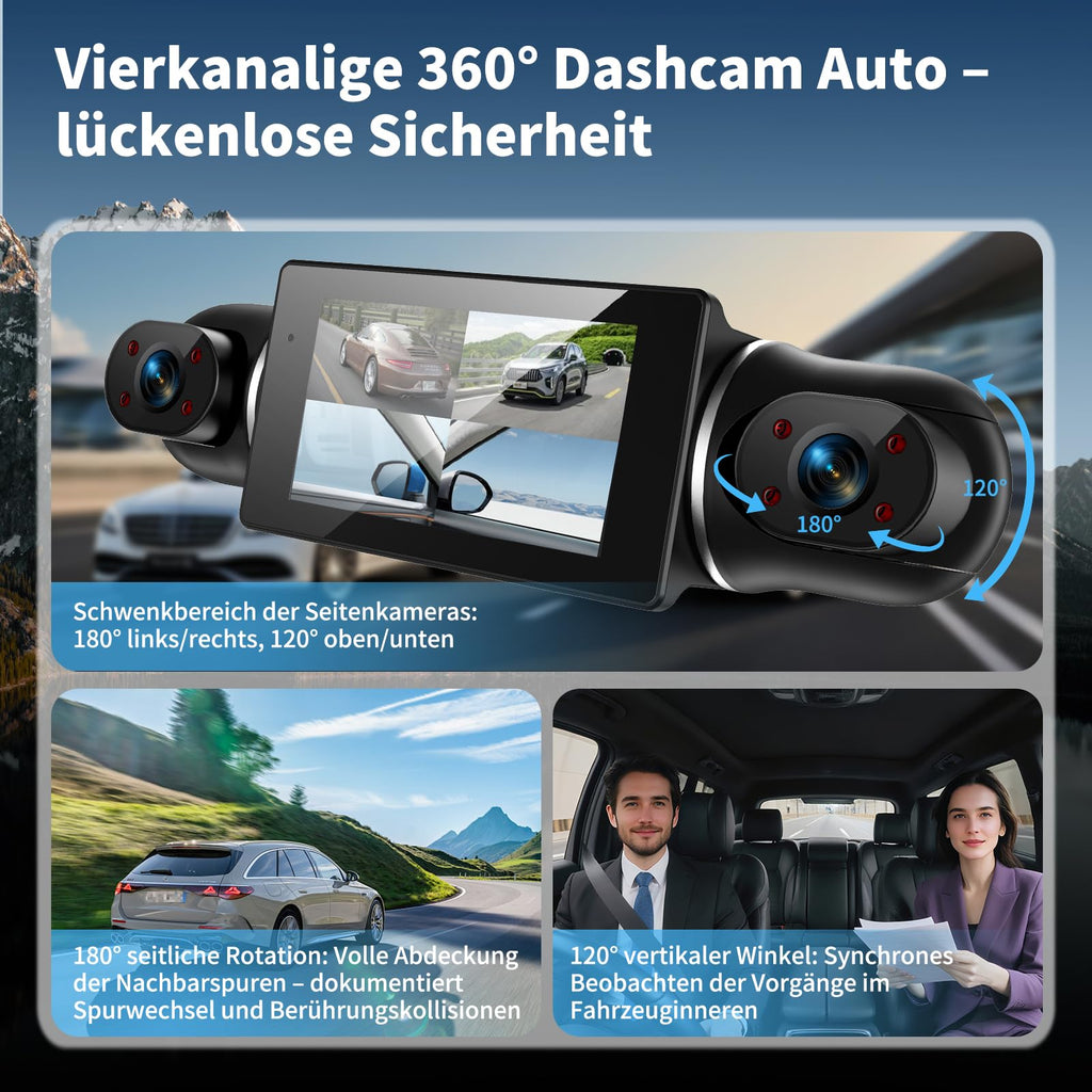 360° Dashcam Auto Vorne Hinten 2K/1080P, 4 Kanal Dash Cam Auto Kamera mit 64GB SD-Karte,3" IPS-Bildschirm,4X 140° Weitwinkel,WDR Nachtsicht (8 IR-LEDs),G-Sensor,24/7 Parkmodus,Loop-Aufnahme, WiFi App