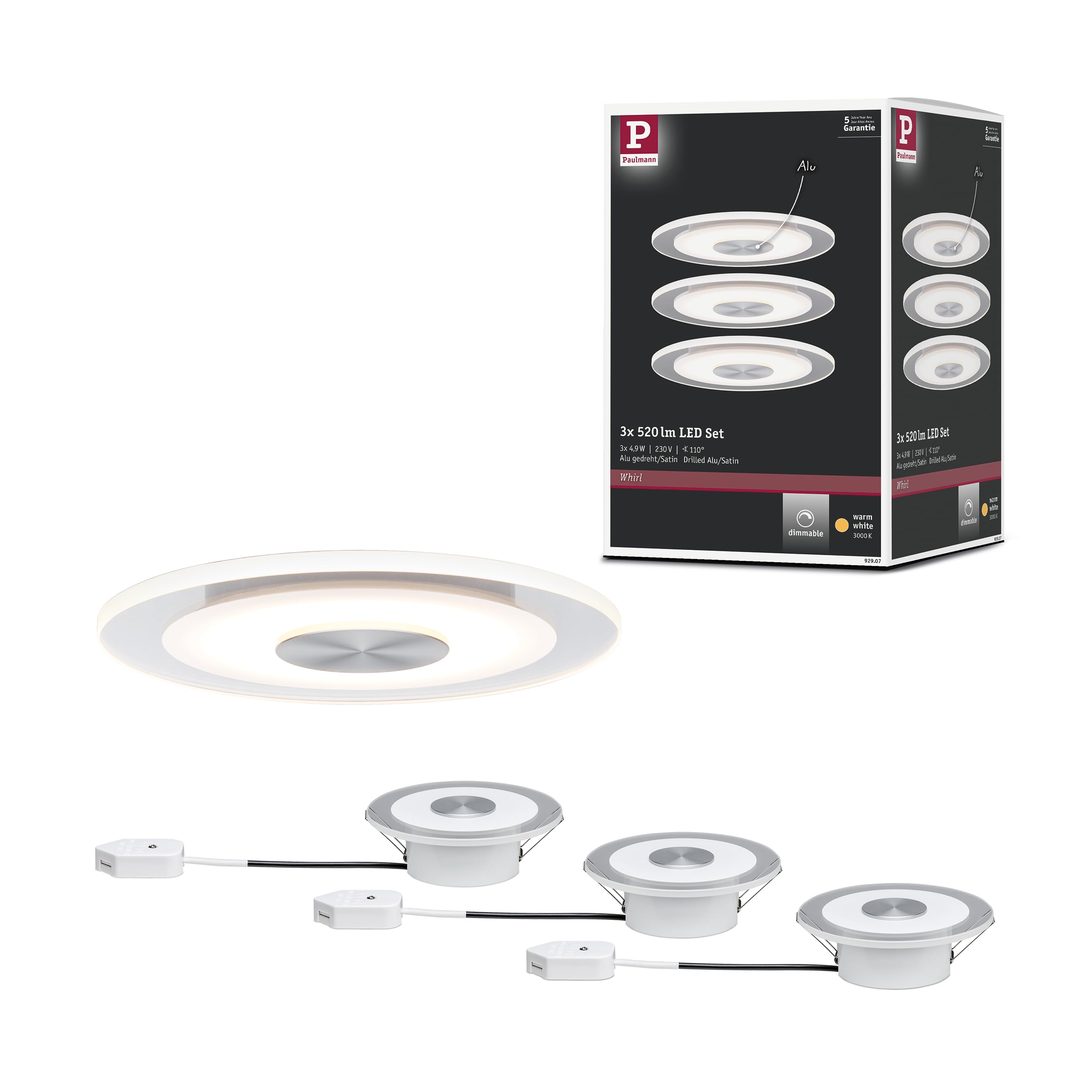 Paulmann 92907 LED Einbauleuchte Whirl rund Einbaustrahler 3x5,5W Deckeneinbauspot Alu Satin Einbaulampe Einbaulicht dimmbar Deckeneinbauleuchte