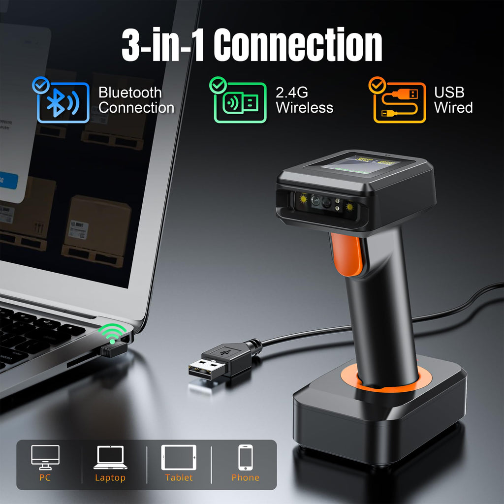Tera 2D HW006 Barcode-Scanner, kabellos, QR-Code-Scanner mit Bluetooth, Zeitanzeige, Bildschirm, Batteriestandsanzeige Ladestation, Patentnummer 90078251950003