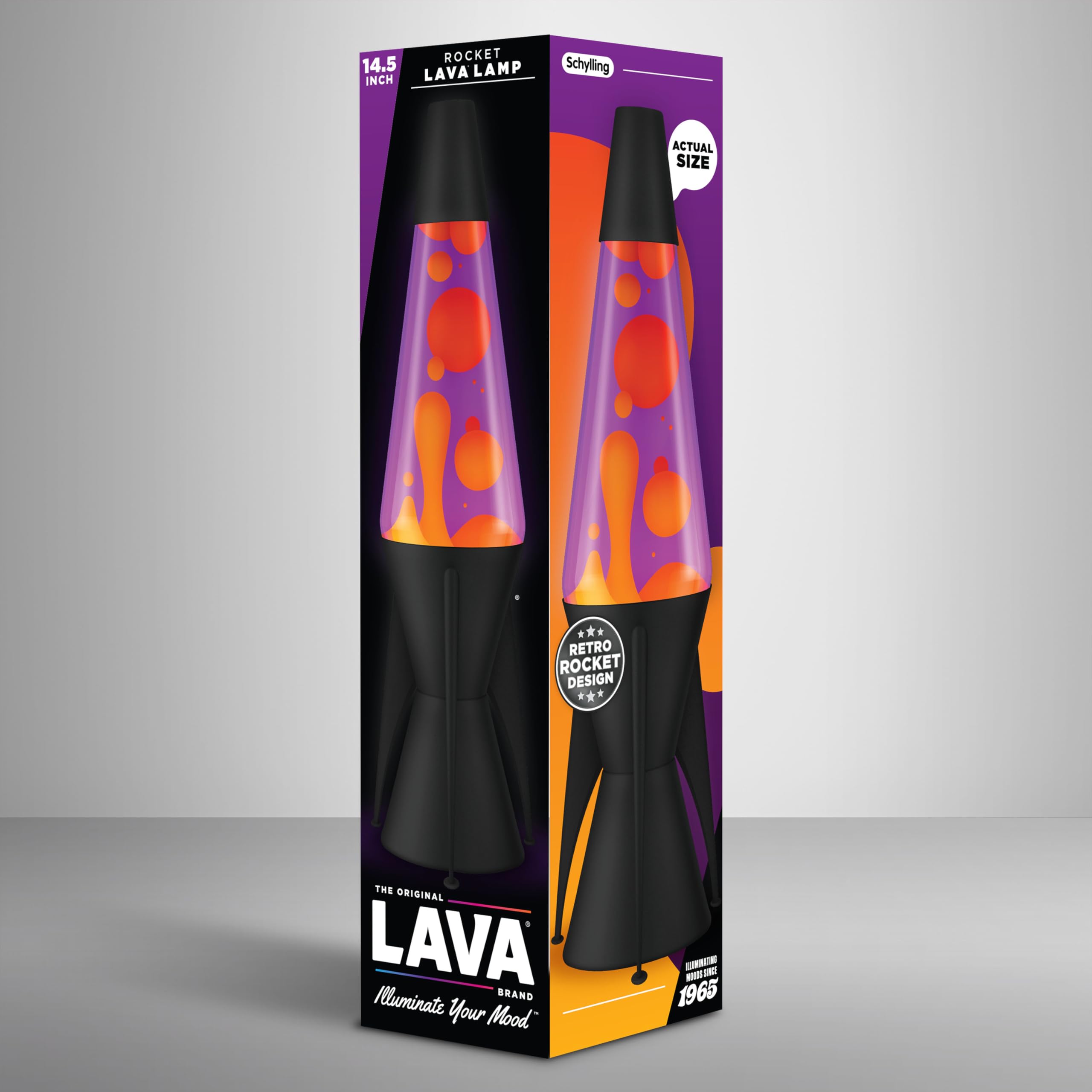 LAVA® – Lavalampe Evenfall Rocket 2391, gelbes Wachs, lila Flüssigkeit, dekorative Basis, Kappe und Raketenflossen, Original 14,5 Zoll Bewegungslampe der Marke LAVA®