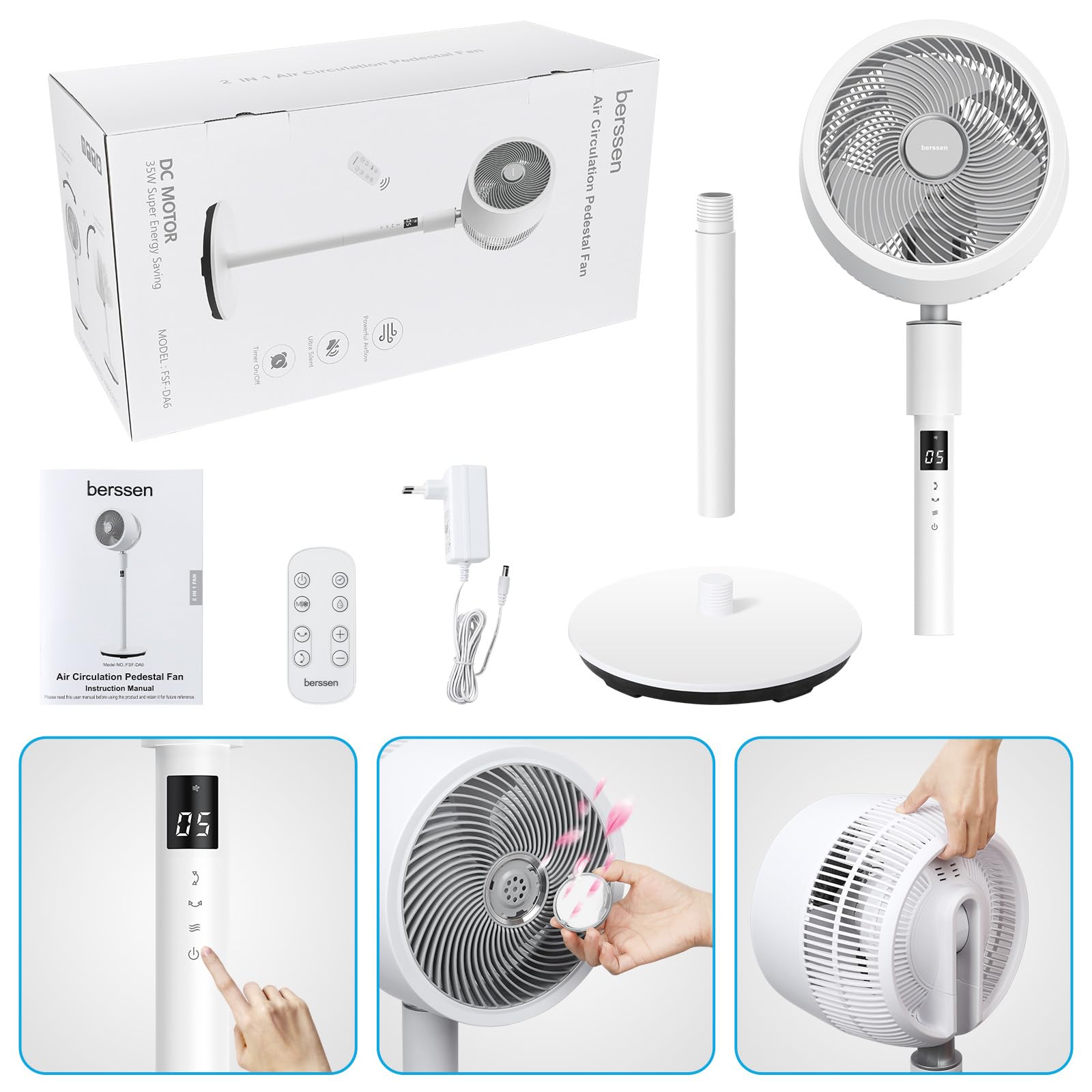 berssen Standventilator Ventilator leise 25dB 3D Oszillation DC Motor 68/100cm Höhenverstellbar Turbo Luftzirkulation Fernbedienung Tastbildschirm 7,1m/s Windgeschwindigkeit Energie Sparen,Weiß