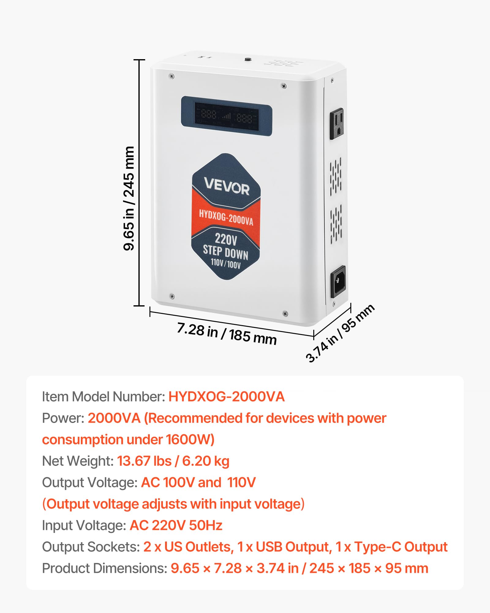 VEVOR Spannungswandler Abwärts, 2000 VA, Hochleistungs-Konverter, 220 V auf 110 V Leistungstransformator, mit 2 US-Steckdosen, USB-Ausgang, LCD-Display, Temperaturschutz, für 110-V-Geräte