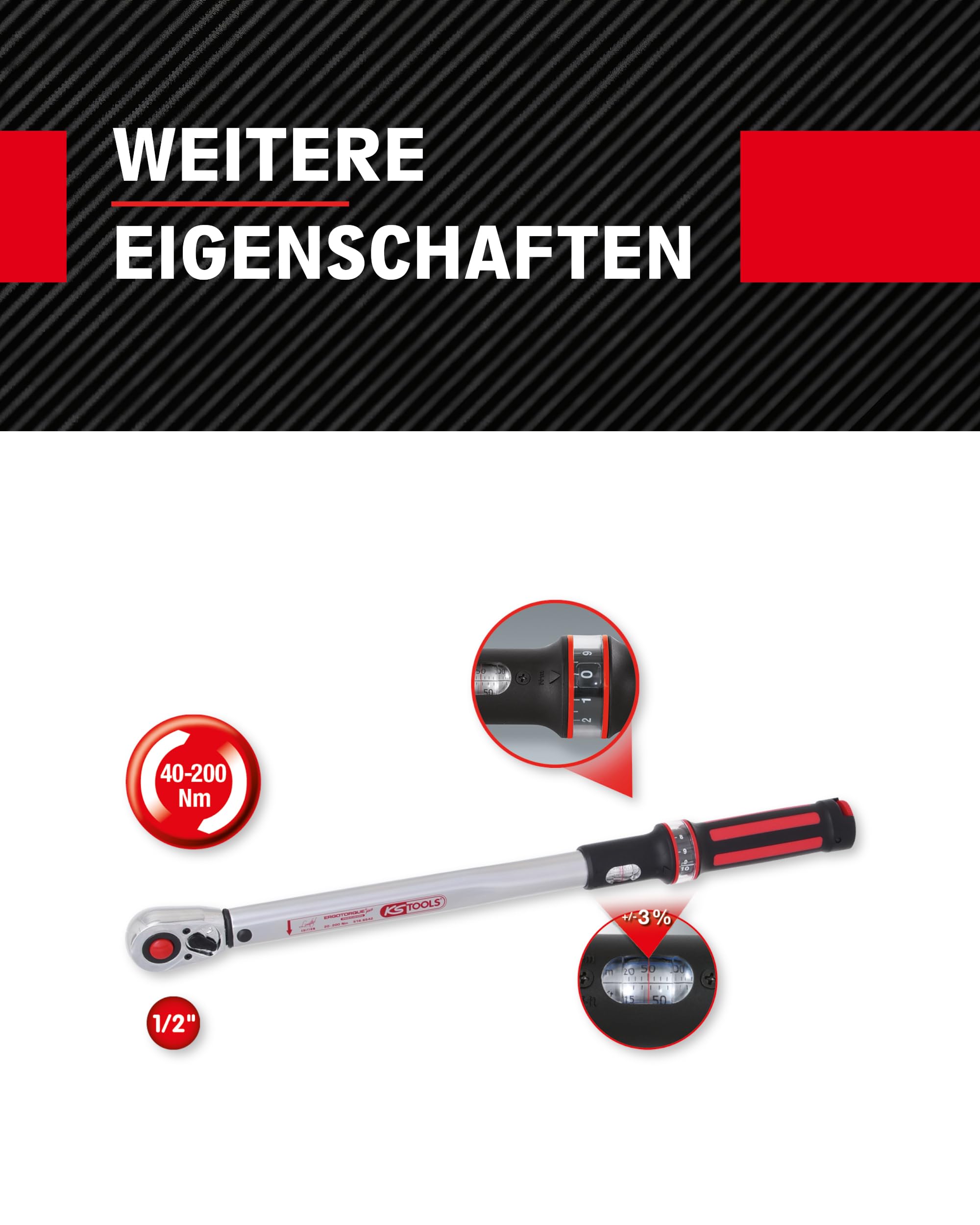 KS Tools 516.6542 1/2" ERGOTORQUEprecision Ratschen-Drehmomentschlüssel, 40-200Nm, Auslösegenauigkeit +/- 3%, für kontrollierten Rechtsanzug, 36-Zahn Ratschenmechanismus, rot