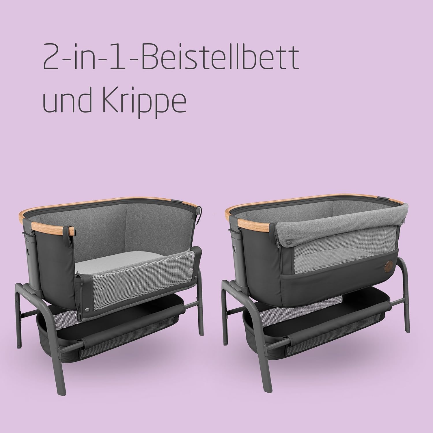 Maxi-Cosi Iora Beistellbett Baby, Faltbares Co-Sleeper, 0–6 Monate, max. 9 kg, 4 Neigungs- und 5 Höhenstufen, Leichtes Schieben, Bequeme Matratze, Großer Korb, Leicht zu Tragen, Essential Graphite