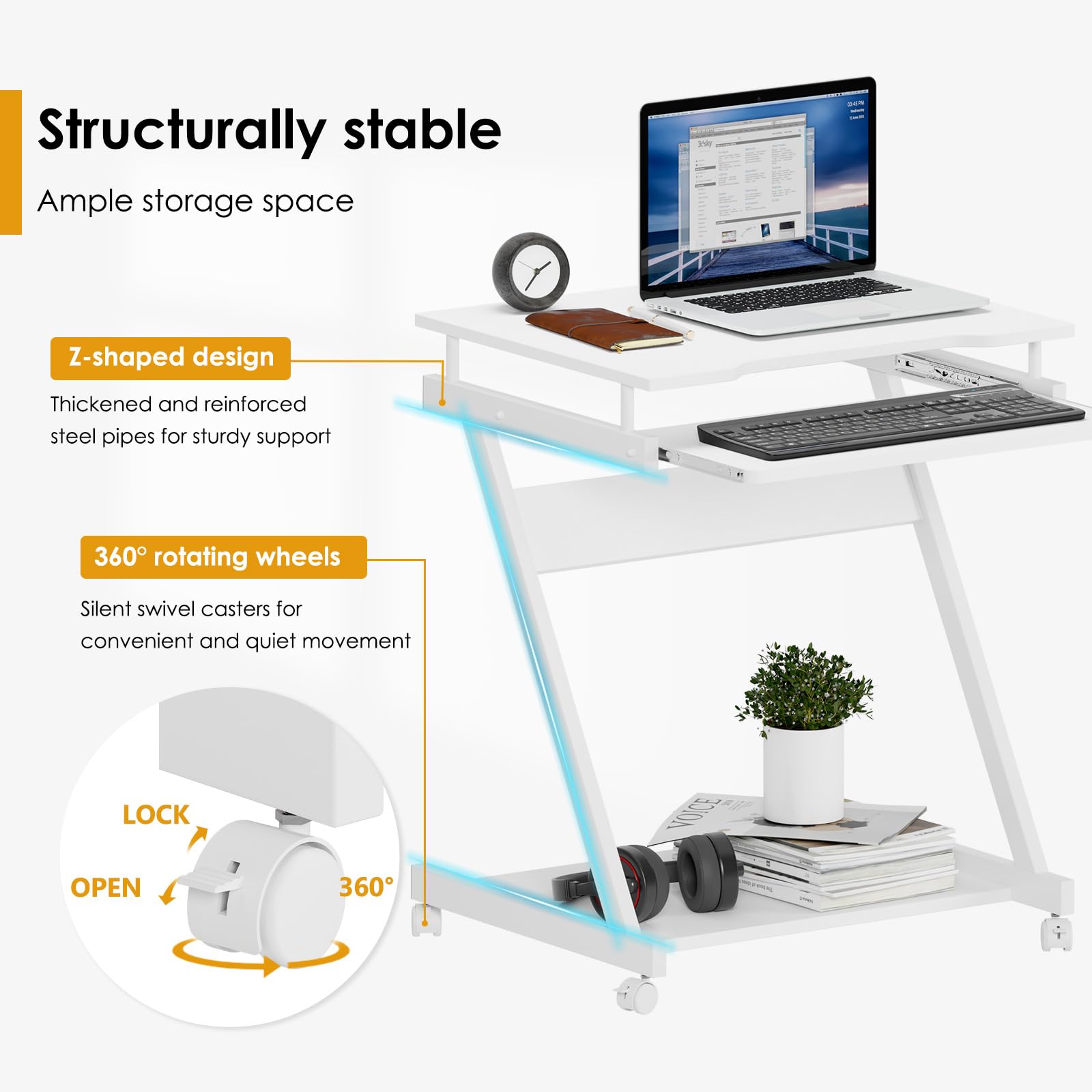 SogesHome Schreibtisch Klein Computertisch mit 4 Rollen 2 Davon mit Bremsen PC-Tisch in Z-Form mit Tastaturauszug für Zuhause und Büro, 60 x 48 cm