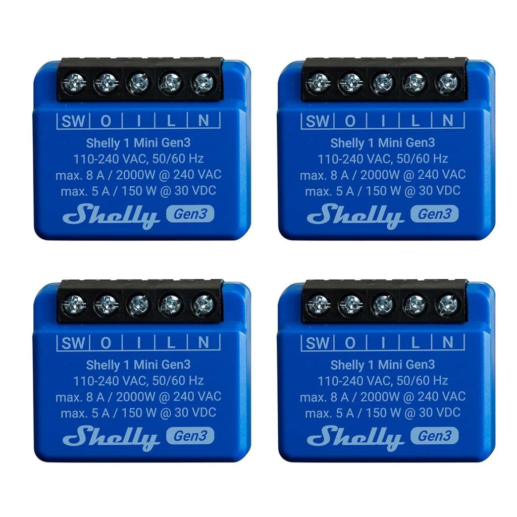 Shelly 1 Mini Gen 3 | 4er Pack | WiFi & Bluetooth Smart Switch Relais 1 Kanal 8A | Hausautomation | Kompatibel mit Alexa und Google Home | iOS-Android-App | Kein Hub erforderlich | Trockene Kontakte