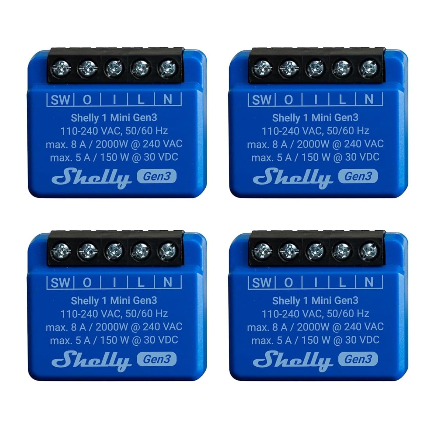 Shelly 1 Mini Gen 3 | 4er Pack | WiFi & Bluetooth Smart Switch Relais 1 Kanal 8A | Hausautomation | Kompatibel mit Alexa und Google Home | iOS-Android-App | Kein Hub erforderlich | Trockene Kontakte