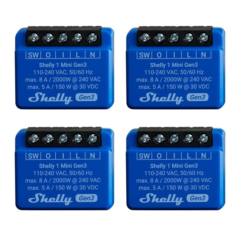Shelly 1 Mini Gen 3 | 4er Pack | WiFi & Bluetooth Smart Switch Relais 1 Kanal 8A | Hausautomation | Kompatibel mit Alexa und Google Home | iOS-Android-App | Kein Hub erforderlich | Trockene Kontakte