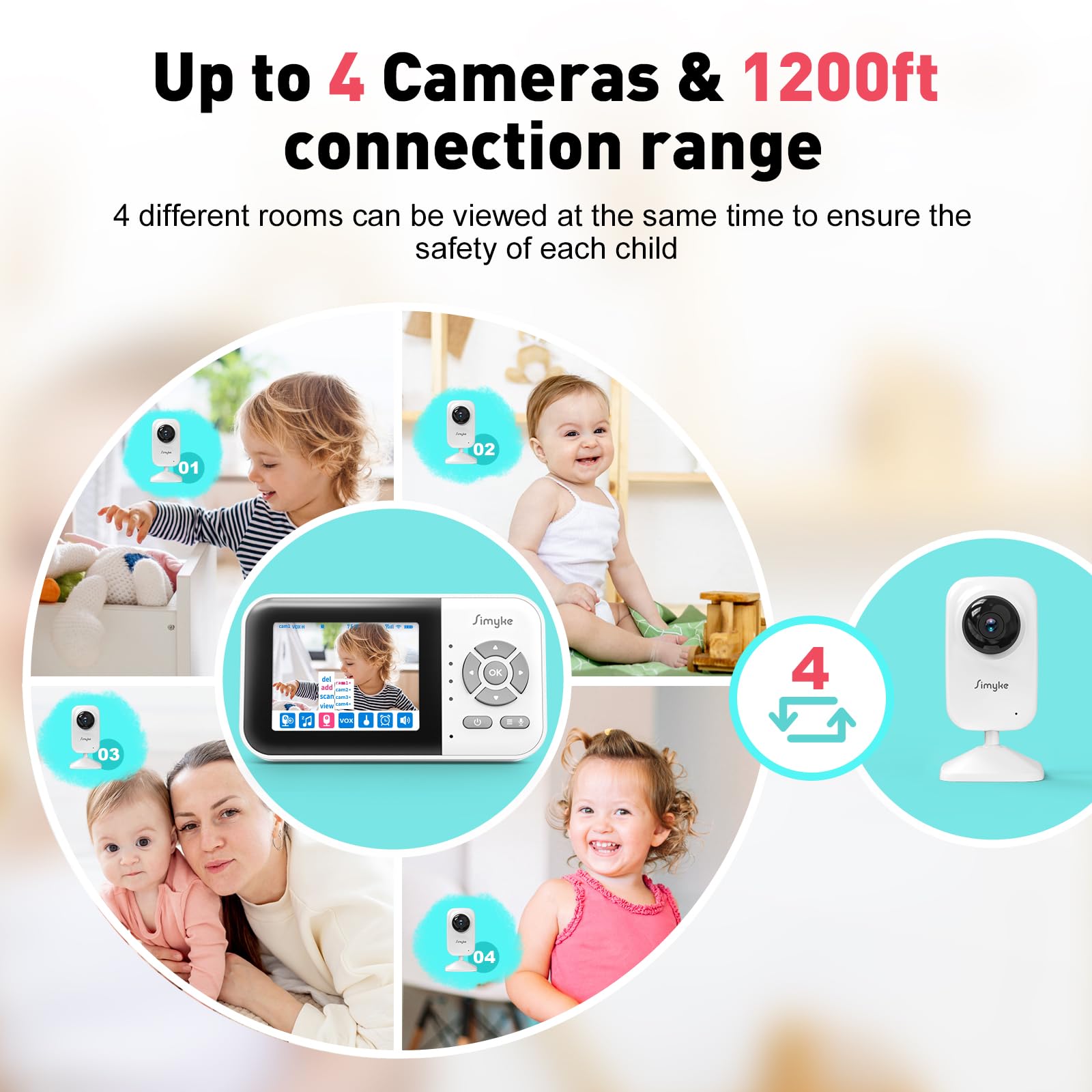 Simyke Baby Video Monitor, WiFi Baby Kamera, 2,8 Zoll Display und App-Steuerung, 1000 Fuß Lange Reichweite, 2-Wege-Gespräch, automatische Nachtsicht, Alarm