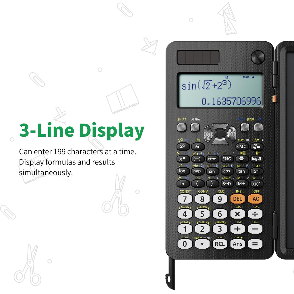 NEWYES 991ES Wissenschaftlicher Taschenrechner mit Notizblock und Stift- 417 Funktionen, Solar und Batterie Dual Stromversorgung, Ideal für Gymnasiasten, Studenten, Lehrer& Ingenieure