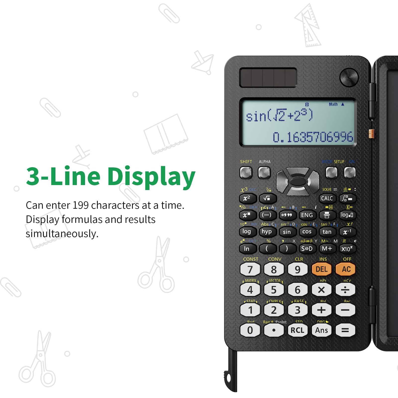 NEWYES 991ES Wissenschaftlicher Taschenrechner mit Notizblock und Stift- 417 Funktionen, Solar und Batterie Dual Stromversorgung, Ideal für Gymnasiasten, Studenten, Lehrer& Ingenieure