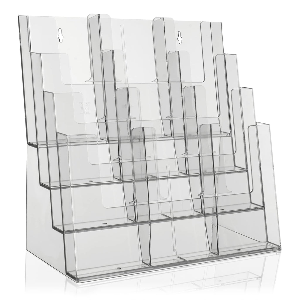 Taymar Prospektständer Tribüne für DIN A4, A5, DIN lang, DL, A6 Flyer, flexibler, transparenter Tischprospektständer als standfester Aufsteller, Flyerständer mit 4 Etagen, optional als Wand-Prospekthalter