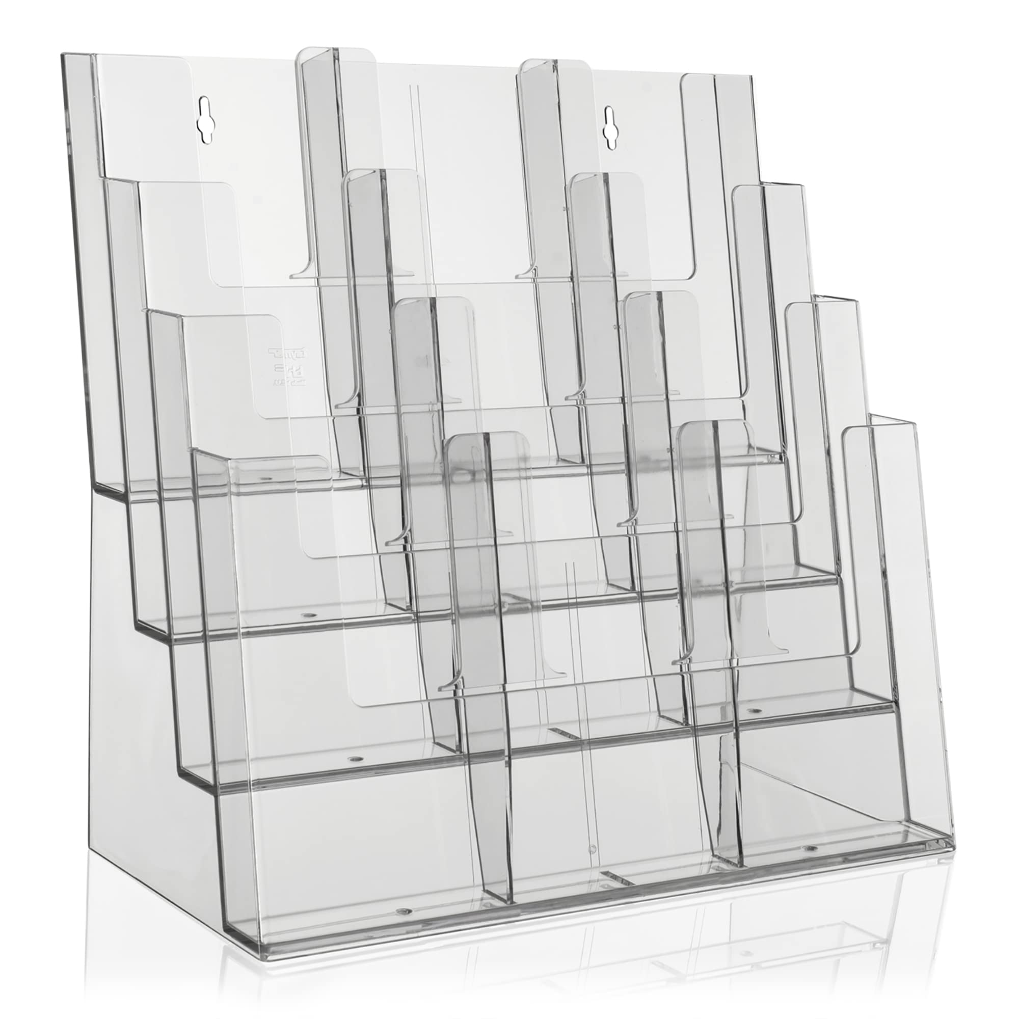 Taymar Prospektständer Tribüne für DIN A4, A5, DIN lang, DL, A6 Flyer, flexibler, transparenter Tischprospektständer als standfester Aufsteller, Flyerständer mit 4 Etagen, optional als Wand-Prospekthalter