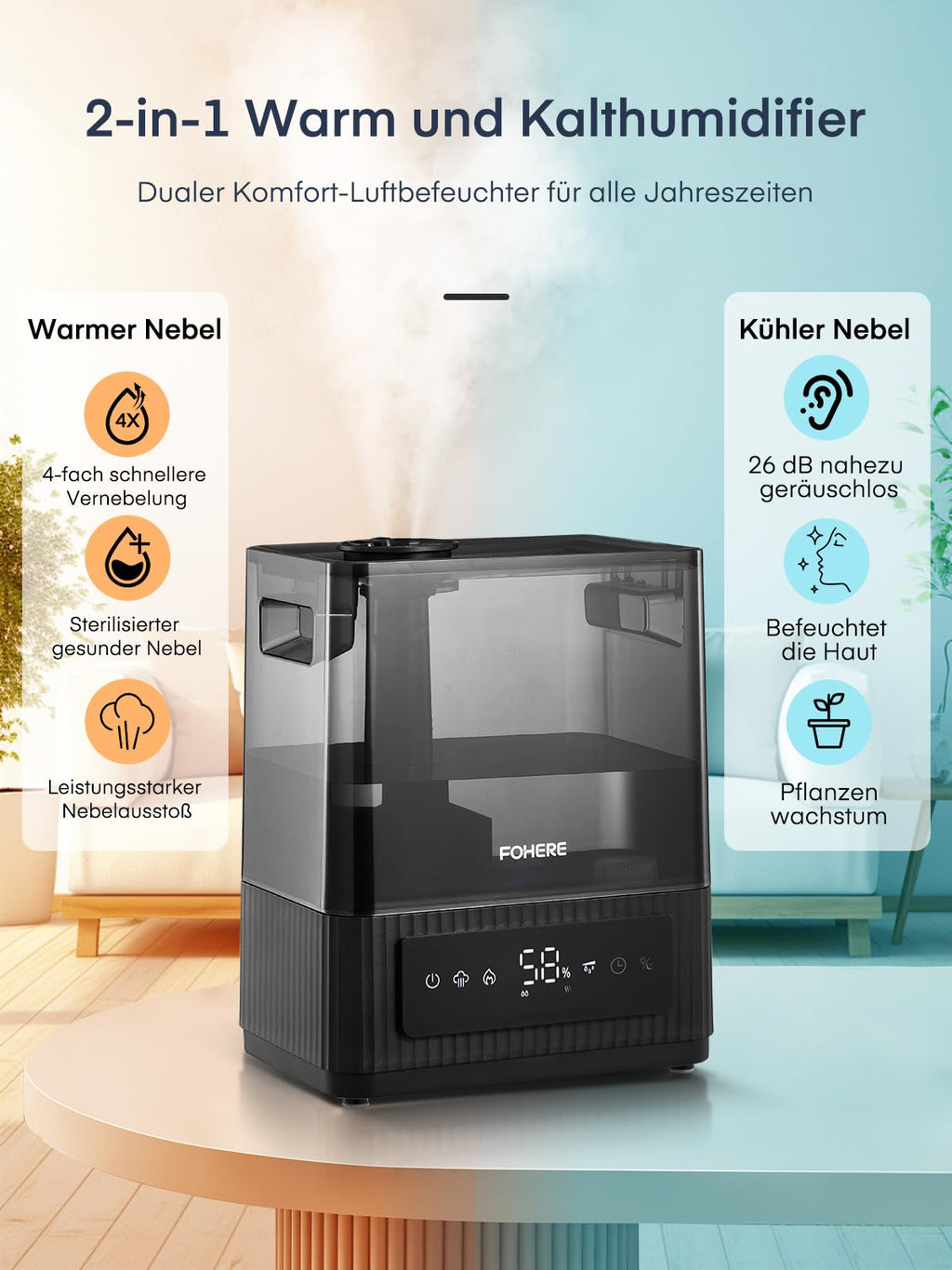 FOHERE Luftbefeuchter fürs Schlafzimmer, 6L Leiser Luftbefeuchter mit warmem und kühlem Nebel, 60H Laufzeit, Öldiffusor, Schlafmodus, 12H-Timer, Licht für heim Kinderzimmer Pflanzen Baby Kind