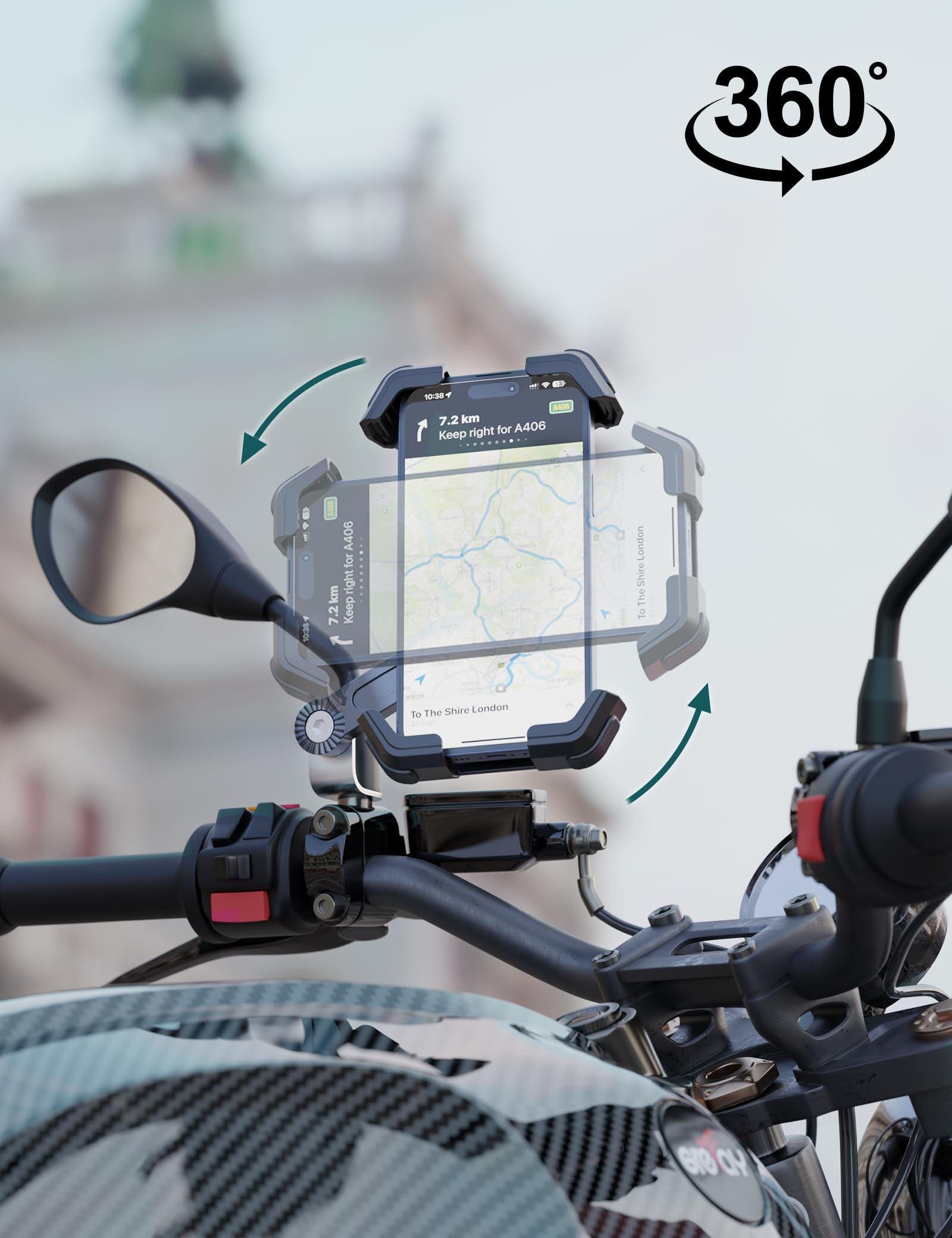 Grefay Motorrad Handyhalterung [Doppelt Vibrationsgedämpft] Universal Handy Halterungen für Motorrad Rückspiegel Mit 360 Drehen für 4,5-7,2 Zoll Smartphone