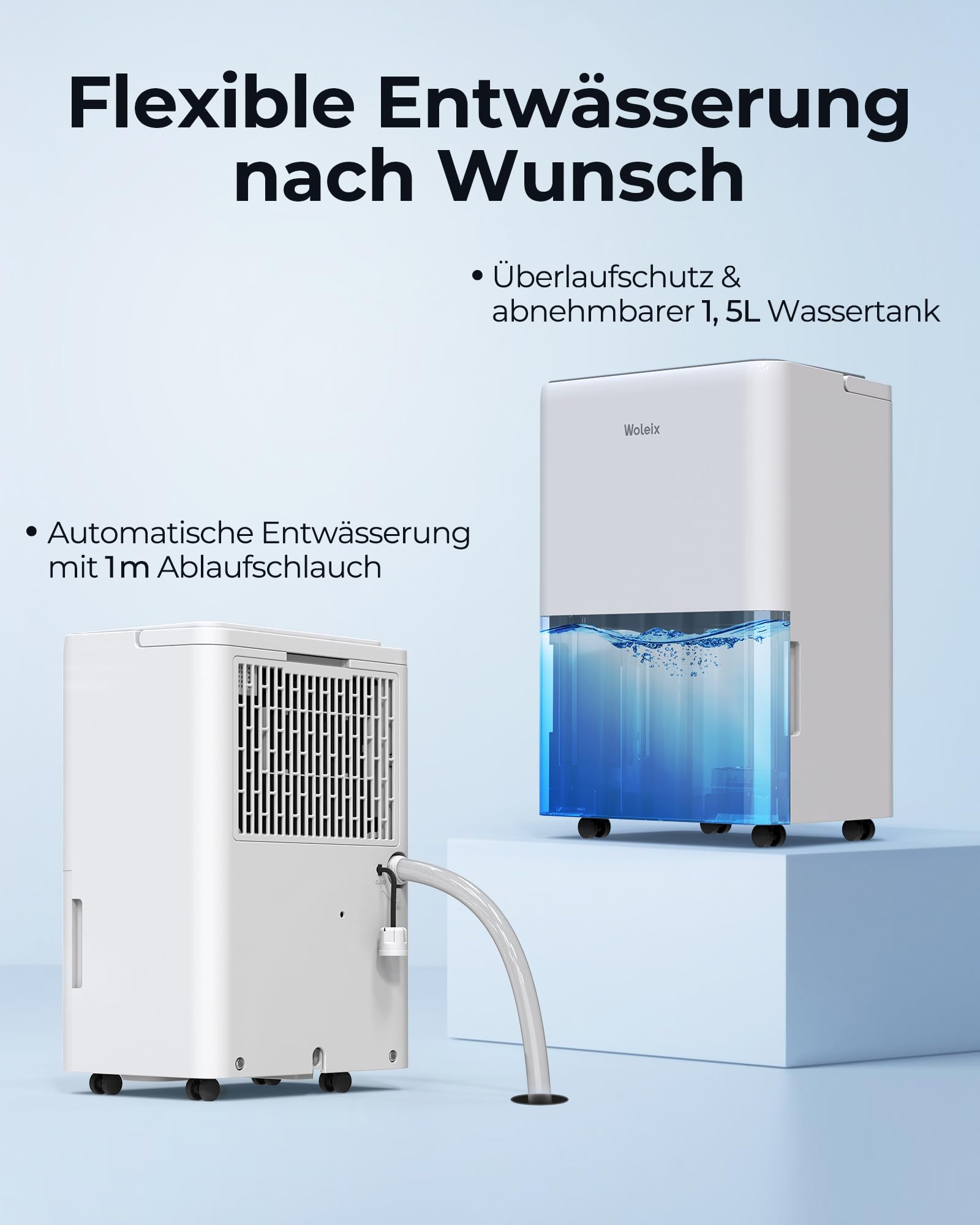 Woleix Luftentfeuchter elektrisch 12L, Entfeuchter elektrisch für Keller, Raumentfeuchter elektrisch 35dB für Räume bis zu 122m³/25m², mit Filter und 1M Ablaufschlauch, Timer, 10 J. Gar.