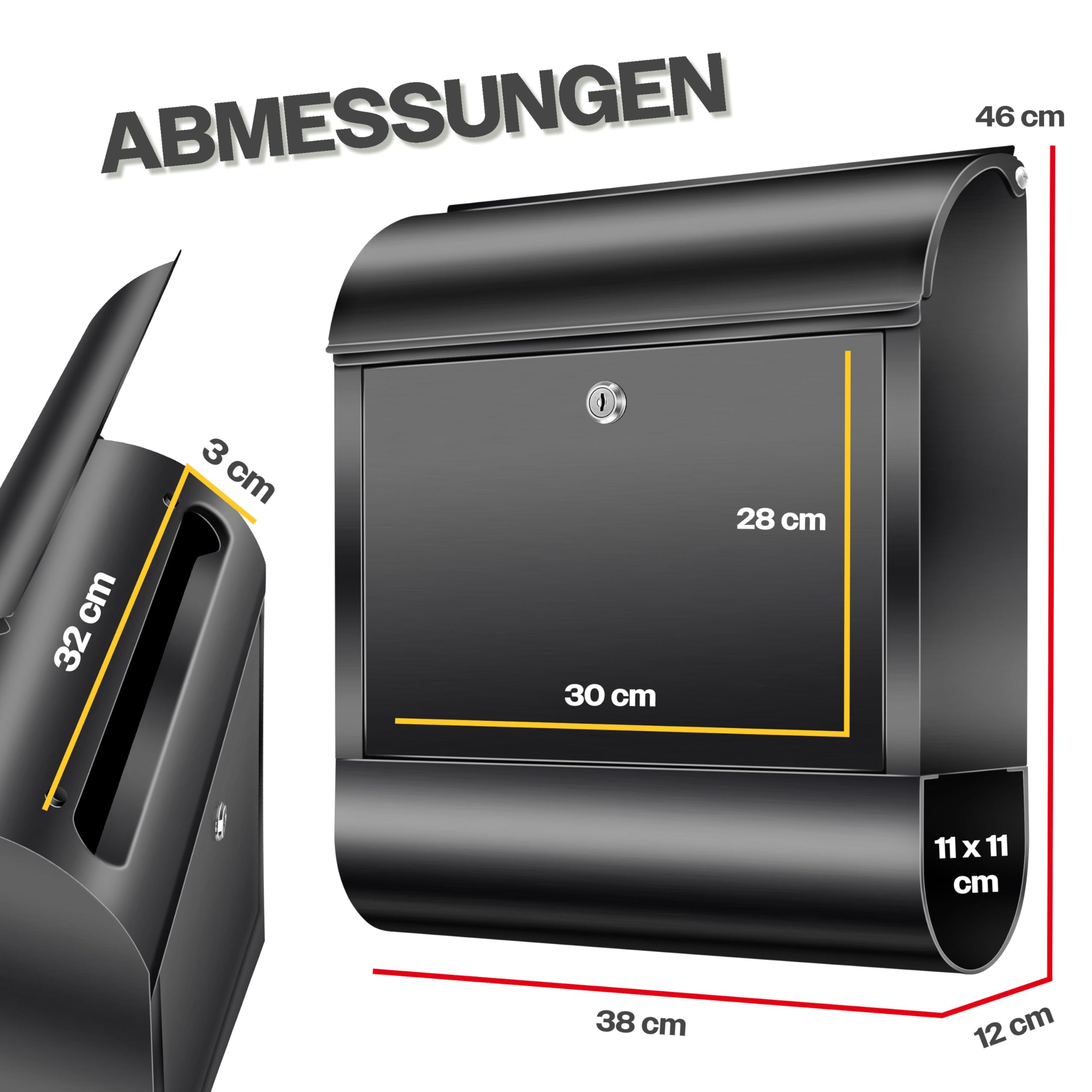 KESSER® XXL Briefkasten Edelstahl mit Zeitungsfach, gebürstet, 3X Schlüssel abschließbar, Pulverbeschichtet, Wandmontage, groß Front-Einwurf: DIN C4 = DIN A4, inkl. Montagematerial, Schwarz