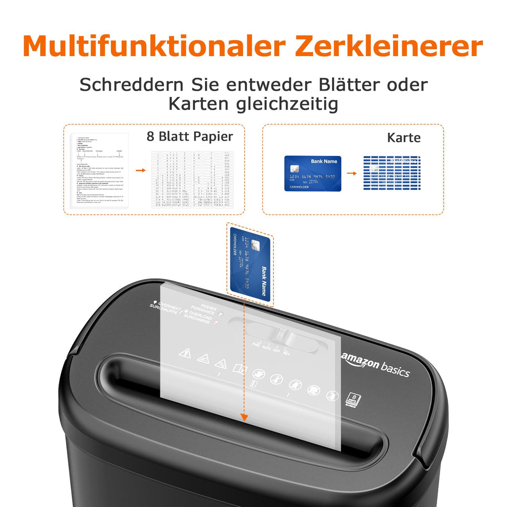 Amazon Basics Querschnitt Aktenvernichter für bis zu 8 Blättern, Papier und Kreditkarten, Aktenvernichter, bis zu 8 Blätter (neues Modell, schwarz)