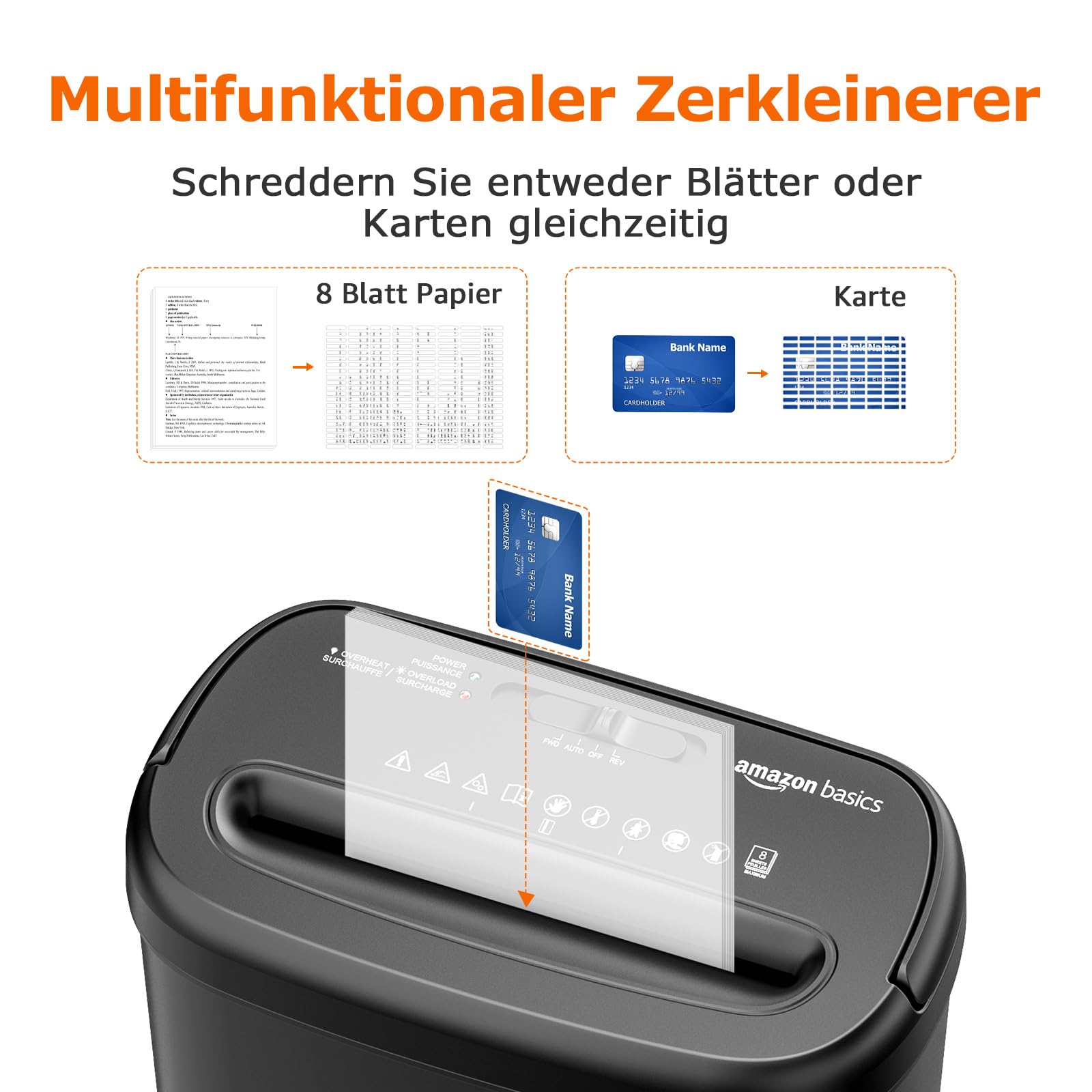 Amazon Basics Querschnitt Aktenvernichter für bis zu 8 Blättern, Papier und Kreditkarten, Aktenvernichter, bis zu 8 Blätter (neues Modell, schwarz)