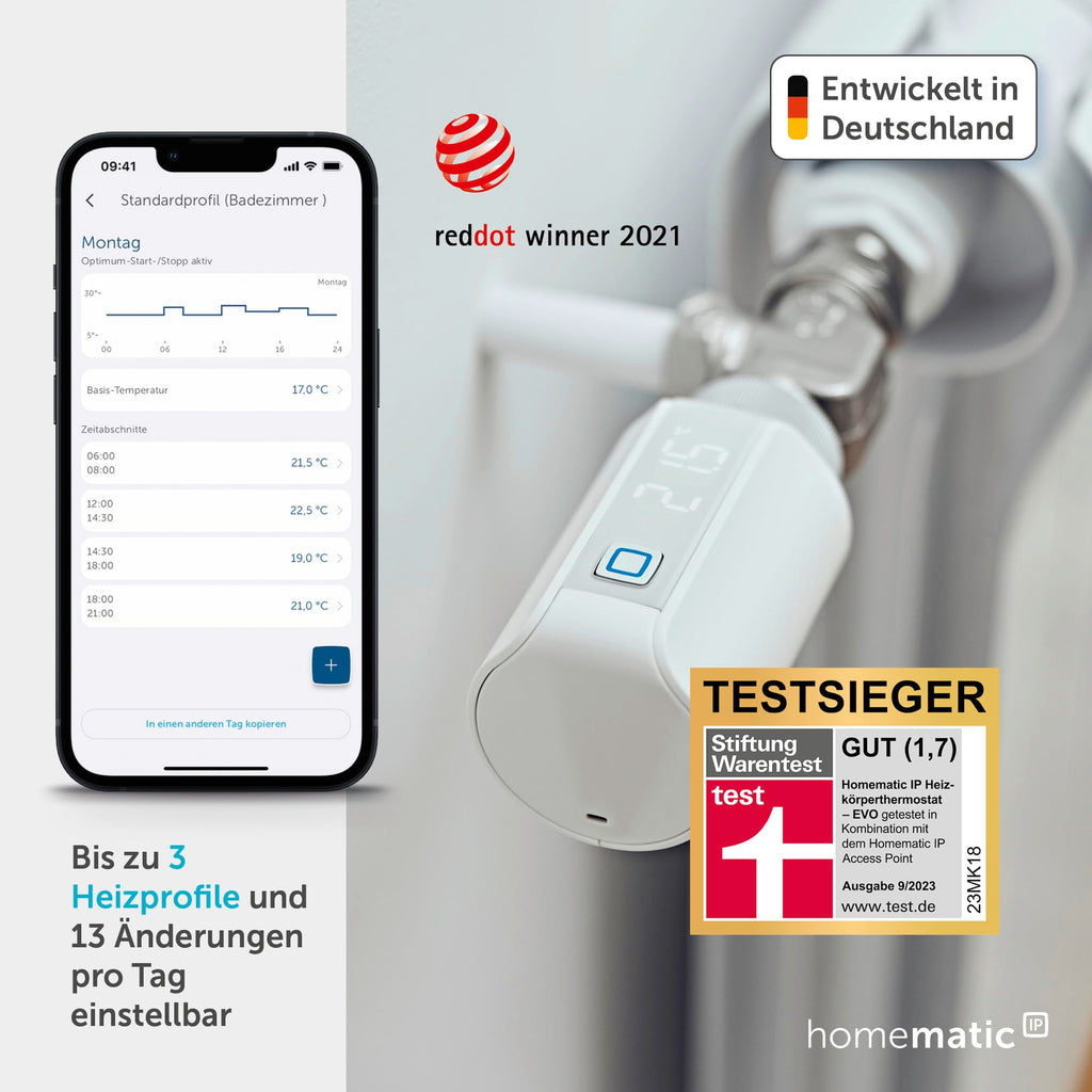 Homematic IP Smart Home Heizkörperthermostat – Evo, digitaler Thermostat Heizung, Heizungsthermostat, Steuerung per App, Alexa & Google Assistant, einfache Installation, Energie sparen, 155105A0