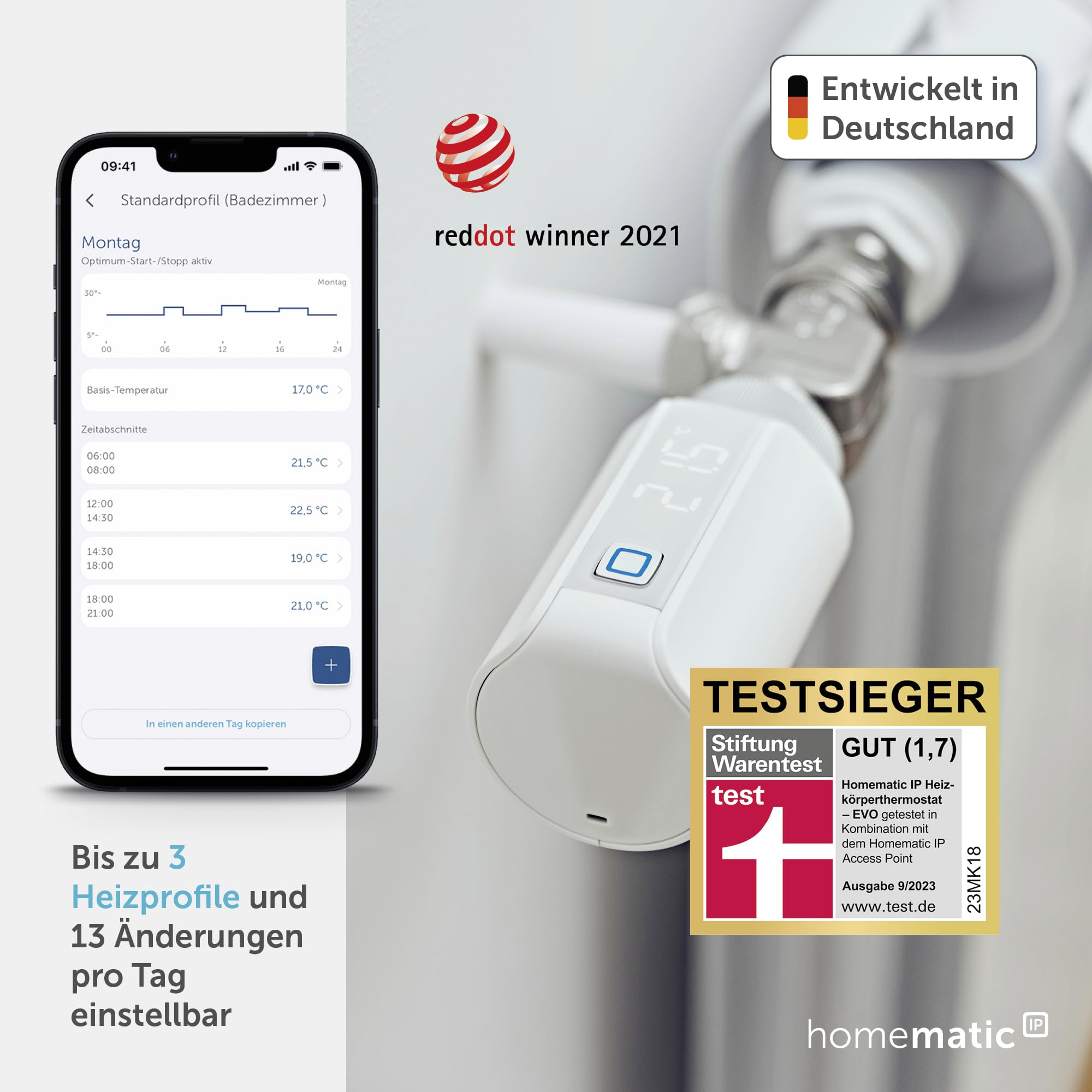 Homematic IP Smart Home Heizkörperthermostat – Evo, digitaler Thermostat Heizung, Heizungsthermostat, Steuerung per App, Alexa & Google Assistant, einfache Installation, Energie sparen, 155105A0