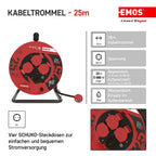 EMOS - Kabeltrommel 25m - 4 Schuko-Steckdosen - wasserdicht, schlagfest, hitze- & kältebeständig - 230V, 16A, 3680W - Gummi-Isolierung - H05RR-F3G 1,5 mm2 - IP44 für Außenbereich