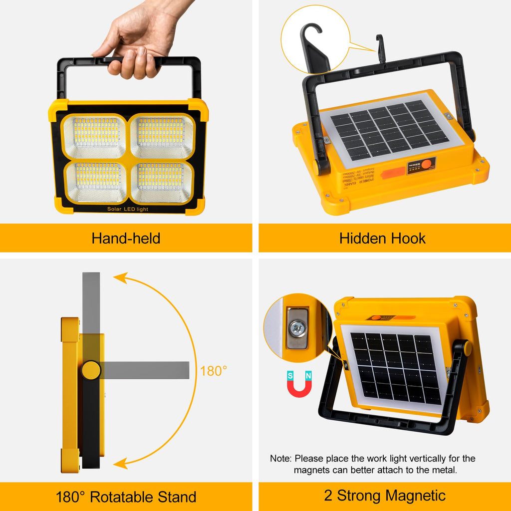 100W LED Baustrahler Akku Solar Arbeitsleuchte Tragbare, 10000LM 12000mAh Akku Arbeitsleuchte USB-Wiederaufladbar, 4 Lichtmodi, Campinglampe Tragbar im Freien für Notfälle, Baustelle, Camping, Garage