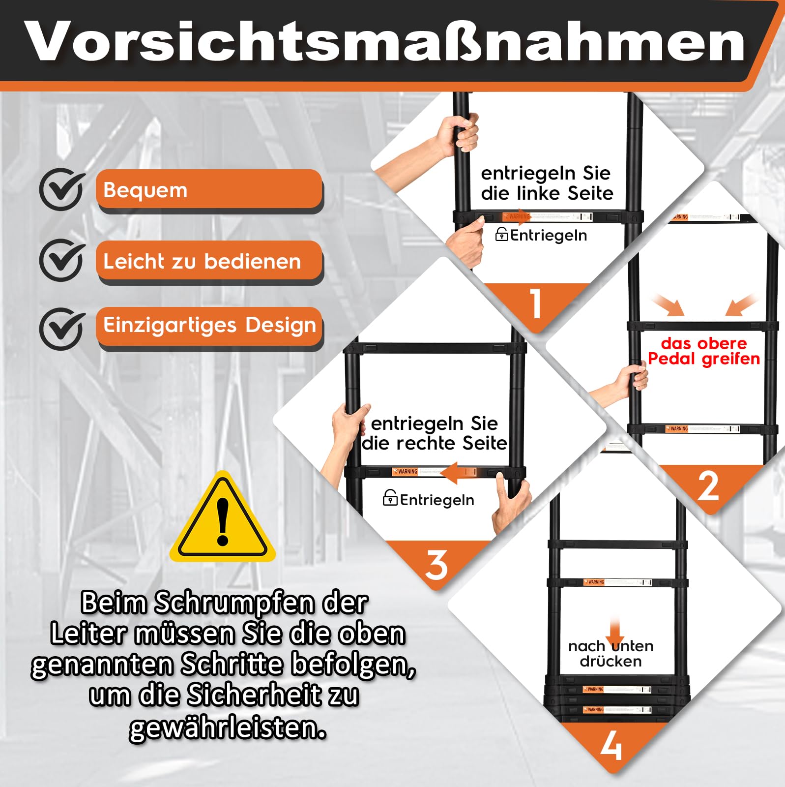 HBTower Teleskopleiter 3,8 m aus Aluminium, Klappbare Ausziehleiter mit Rutschfesten Füßen, Robust & Tragbar, Tragkraft 150 kg, Ideal für Dachrinnenreinigung & Außenreparaturen, Schwarz