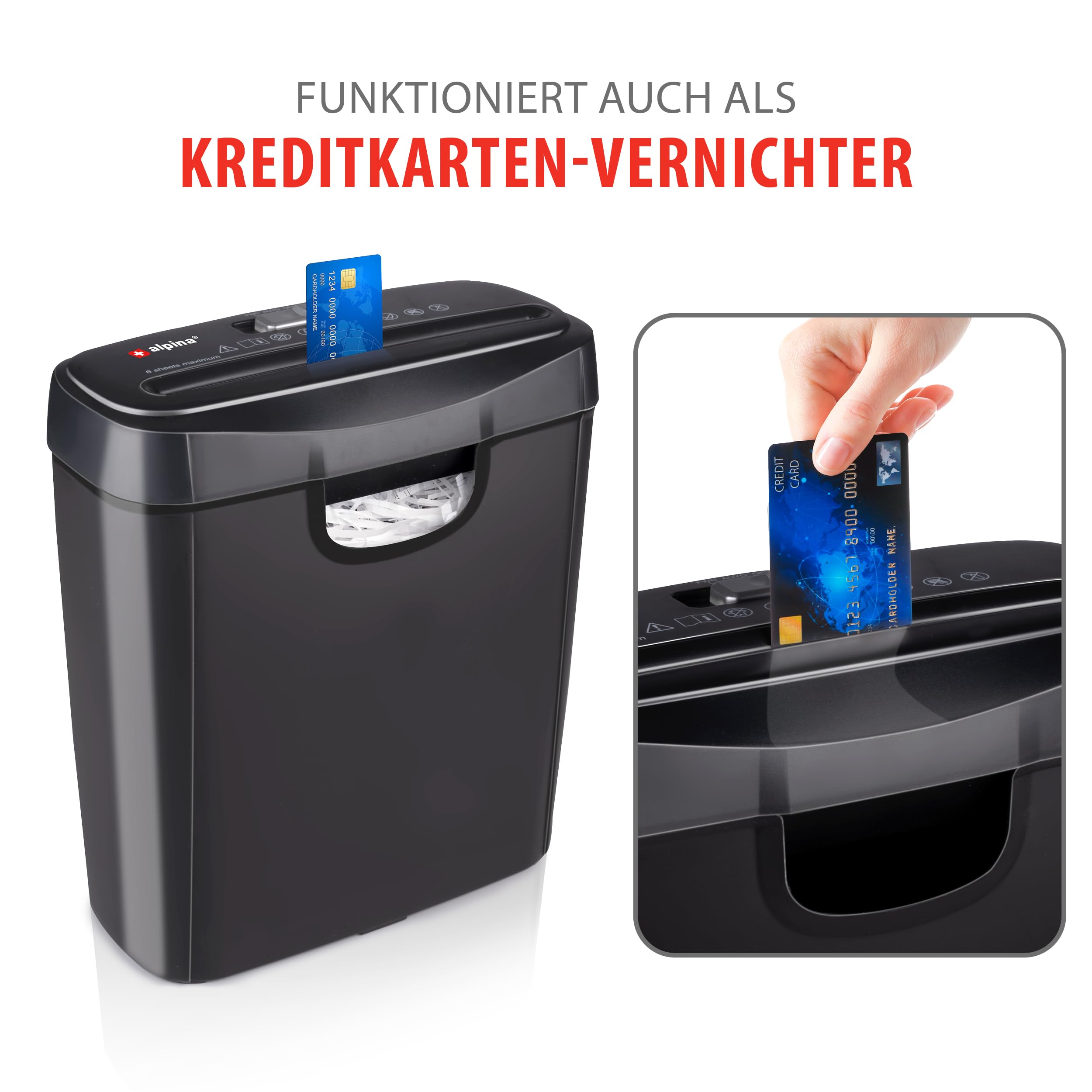 Alpina Aktenvernichter – Papiershredder für Zuhause und Büro – Shredder Zerstört Kreditkarten – Zerkleinern Sie 6 A4-Blätter auf Einmal - 10L Behälter – 190W Leistung – Schwarz