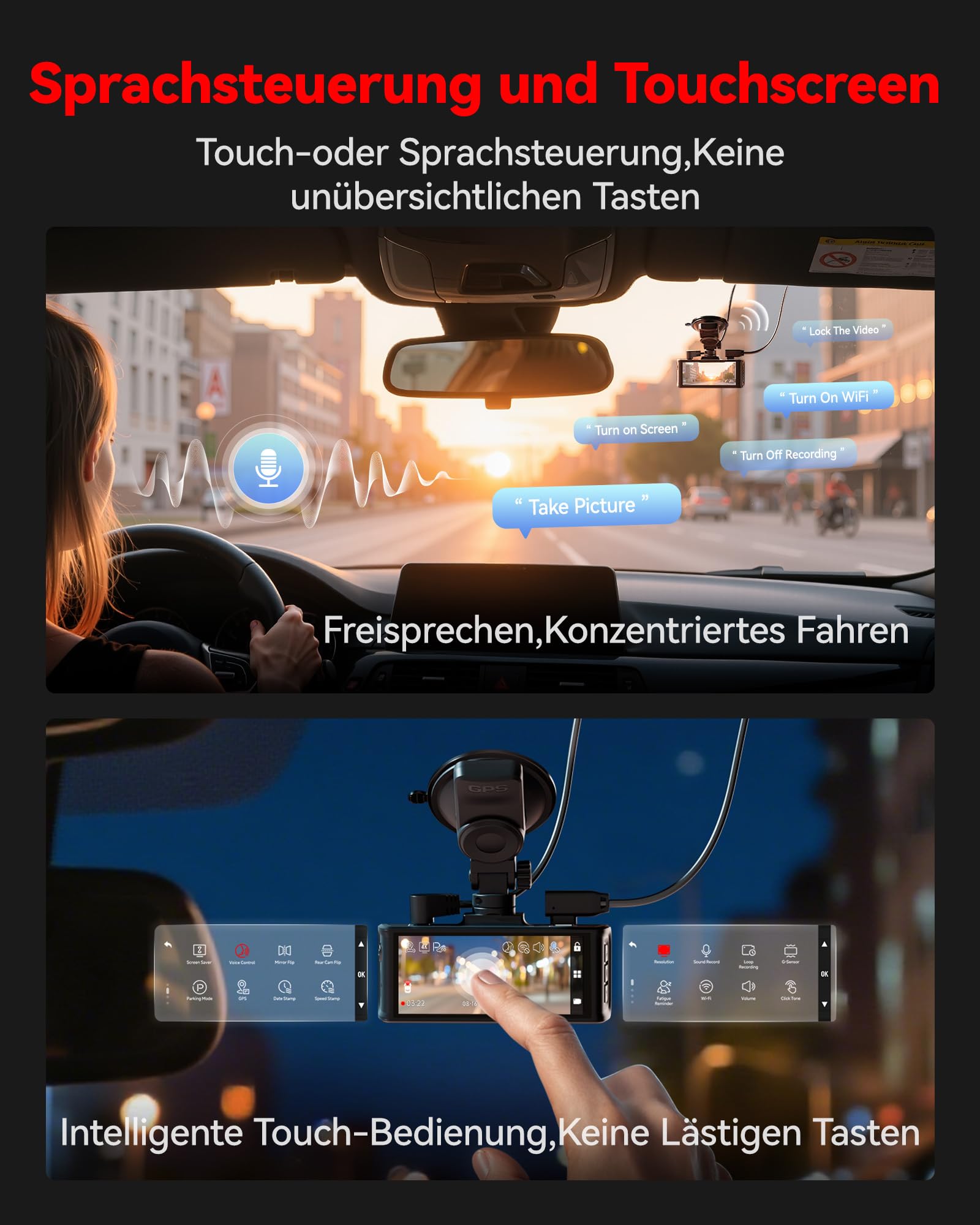 REDTIGER 4K STARVIS 2 Dashcam Auto Vorne Hinten,Touchscreen 3,18 Zoll,Sprachsteuerung,Dash Cam Auto 5.8GHz WiFi 6,GPS,Kostenlose 128GB Karte,2160P UHD-Nachtsicht,Notfall-Sperre,Parkmonitor (F7N Touch)