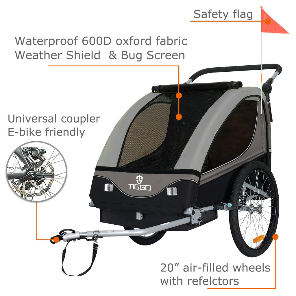 Tiggo S2 Kinderanhänger mit Federung Jogger 2 in 1 Kinder Buggy fahrradanhänger Anhänger 360° Drehbar (Grau)