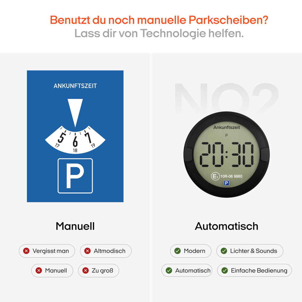 OOONO P-DISC NO2 - Elektronische Parkscheibe mit Zulassung fürs Auto - Automatische Digitale Parkscheibe Elektrisch mit Zulassung vom KBA nach StVO - Elektrische Parkuhr Auto zugelassen