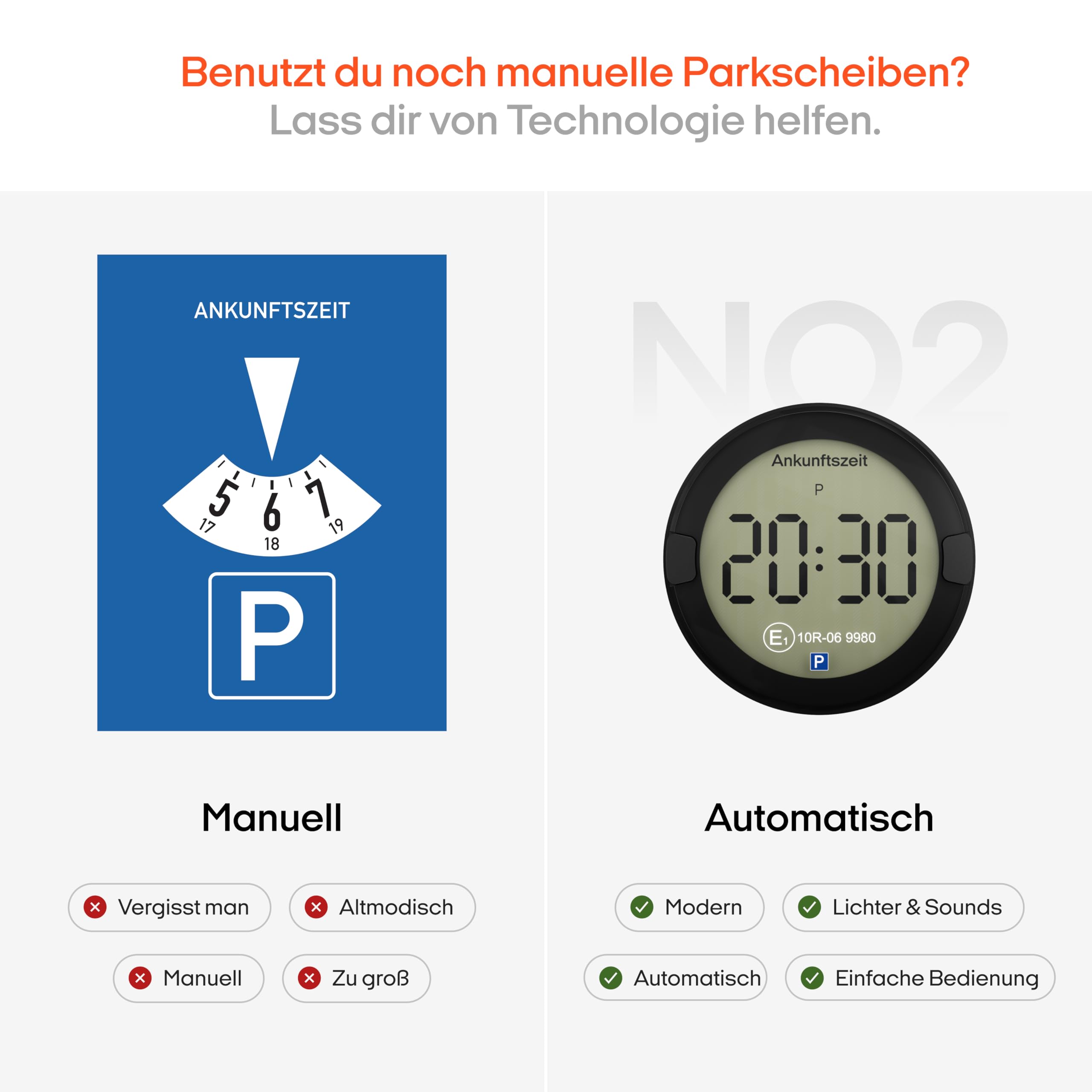 OOONO P-DISC NO2 - Elektronische Parkscheibe mit Zulassung fürs Auto - Automatische Digitale Parkscheibe Elektrisch mit Zulassung vom KBA nach StVO - Elektrische Parkuhr Auto zugelassen