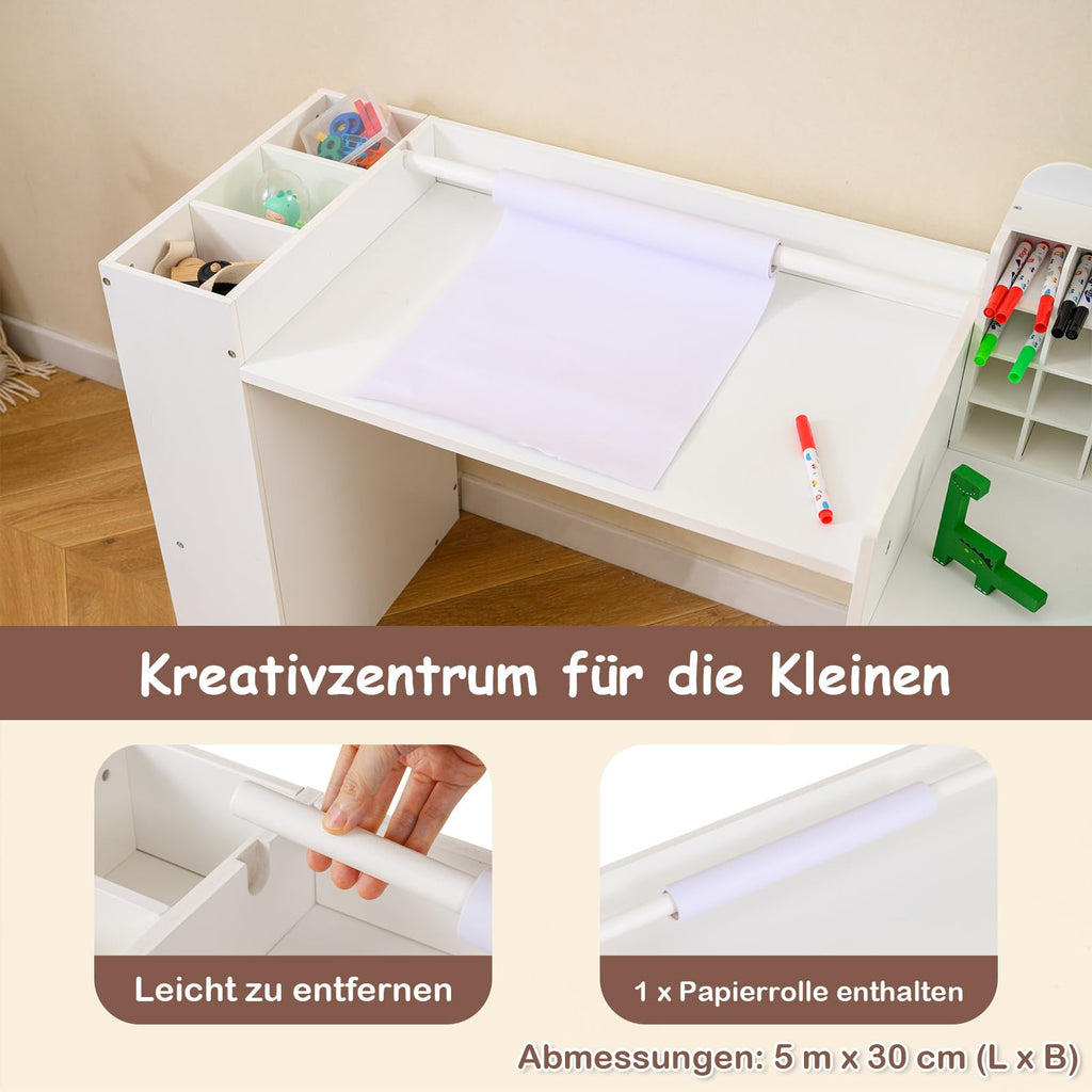 COSTWAY Kinder Tisch Stuhl Set, Maltisch mit abnehmbarem Papierrollenhalter & Fächerschrank, Kindertisch mit Stauraum, Regalen & Schublade, Kindersitzgruppe für Kinder ab 3 Jahren