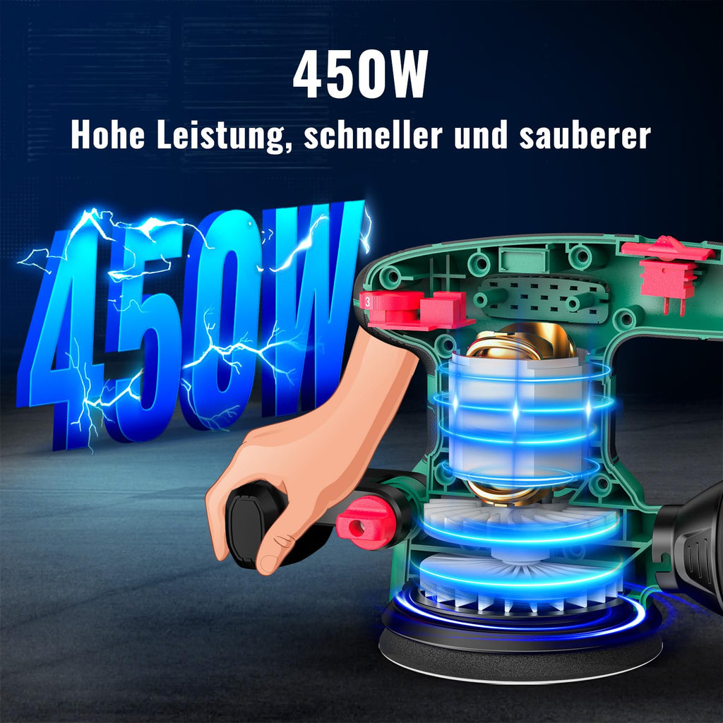 HYCHIKA 450W Exzenterschleifer 125mm, 6 Geschwindigkeiten 6000-12000OPM, effizientes Staubauffangsystem, mit 20PCS 8-Loch Schleifpapier, ideal zum Schleifen von Metall, Holz etc