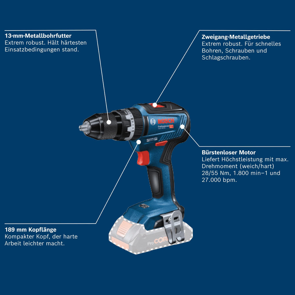 Bosch Professional 18V System Akku Schlagbohrschrauber GSB 18V-55 (max. Drehmoment 55 Nm, ohne Akku/ Ladegerät)