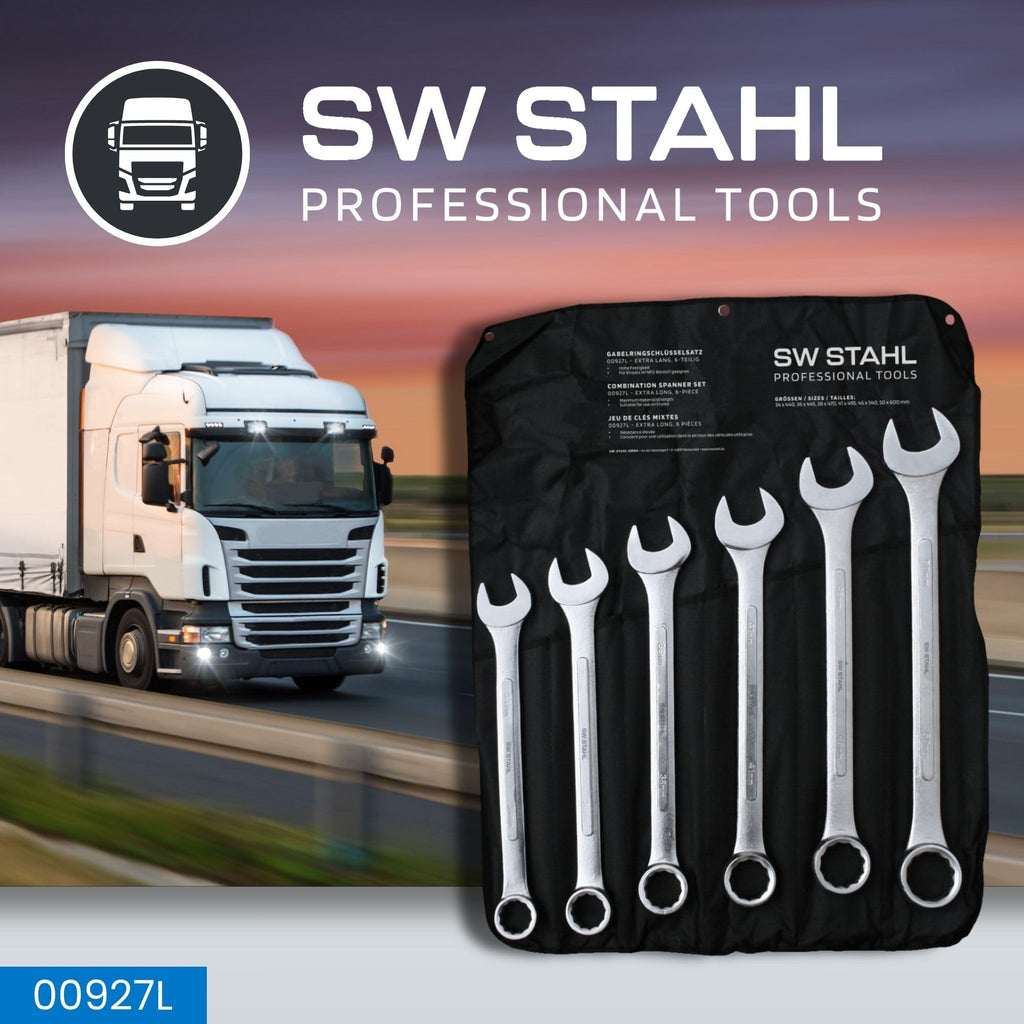 SW-Stahl 00927L Jumbo Gabelringschlüsselsatz I 6 teilig I 34-50mm extra lang I aus Carbonstahl I inkl. Rolltasche I Maulringschlüssel