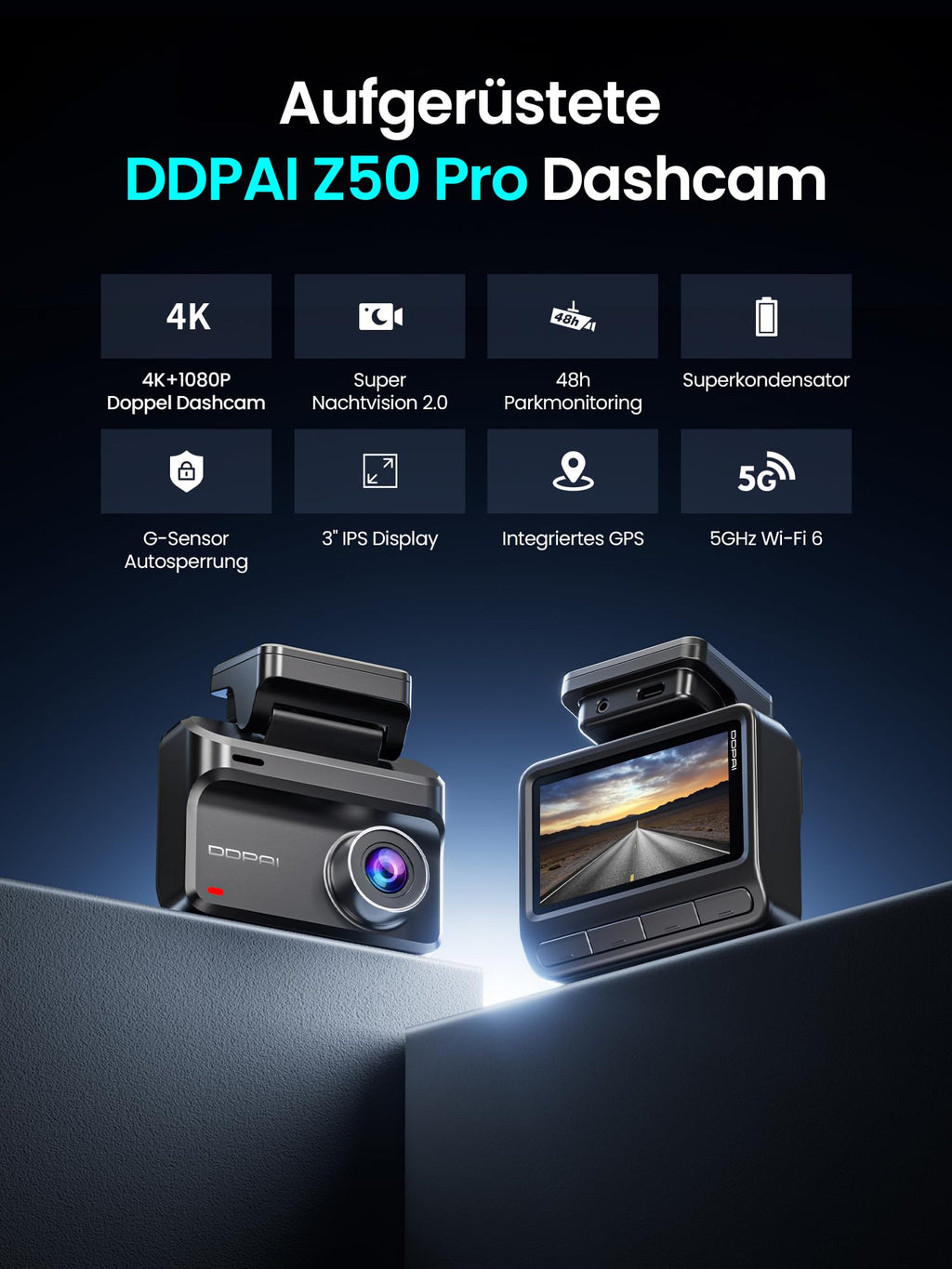 DDPAI Z50 Pro Dashcam Auto Vorne Hinten 4K+1080P, Echtes 4K AI-ISP Nachtsicht Dash Cam, Autokamera mit 64GB Karte, 4G LTE Support, 5GHz WiFi 6 GPS, 48H Parküberwachung, 3" IPS-Display, G-Sensor, ADAS